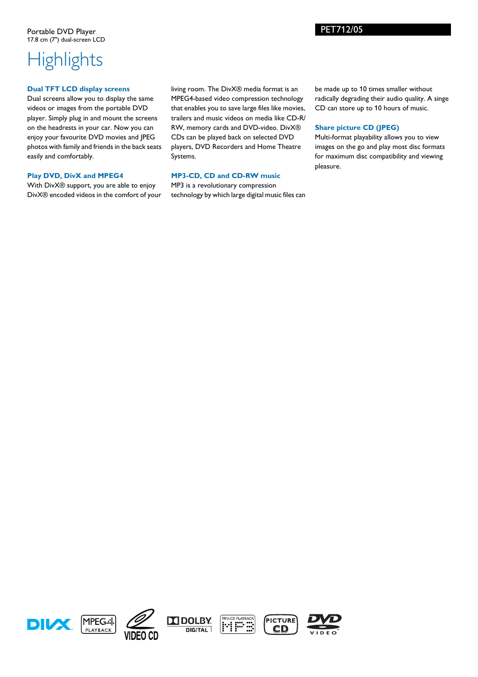 Highlights | Philips PET712 User Manual | Page 2 / 3
