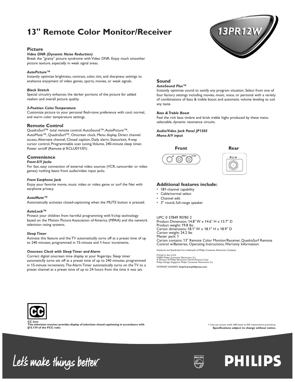 13pr12w, 13" remote color monitor/receiver | Philips 13PR 12W User Manual | Page 2 / 2