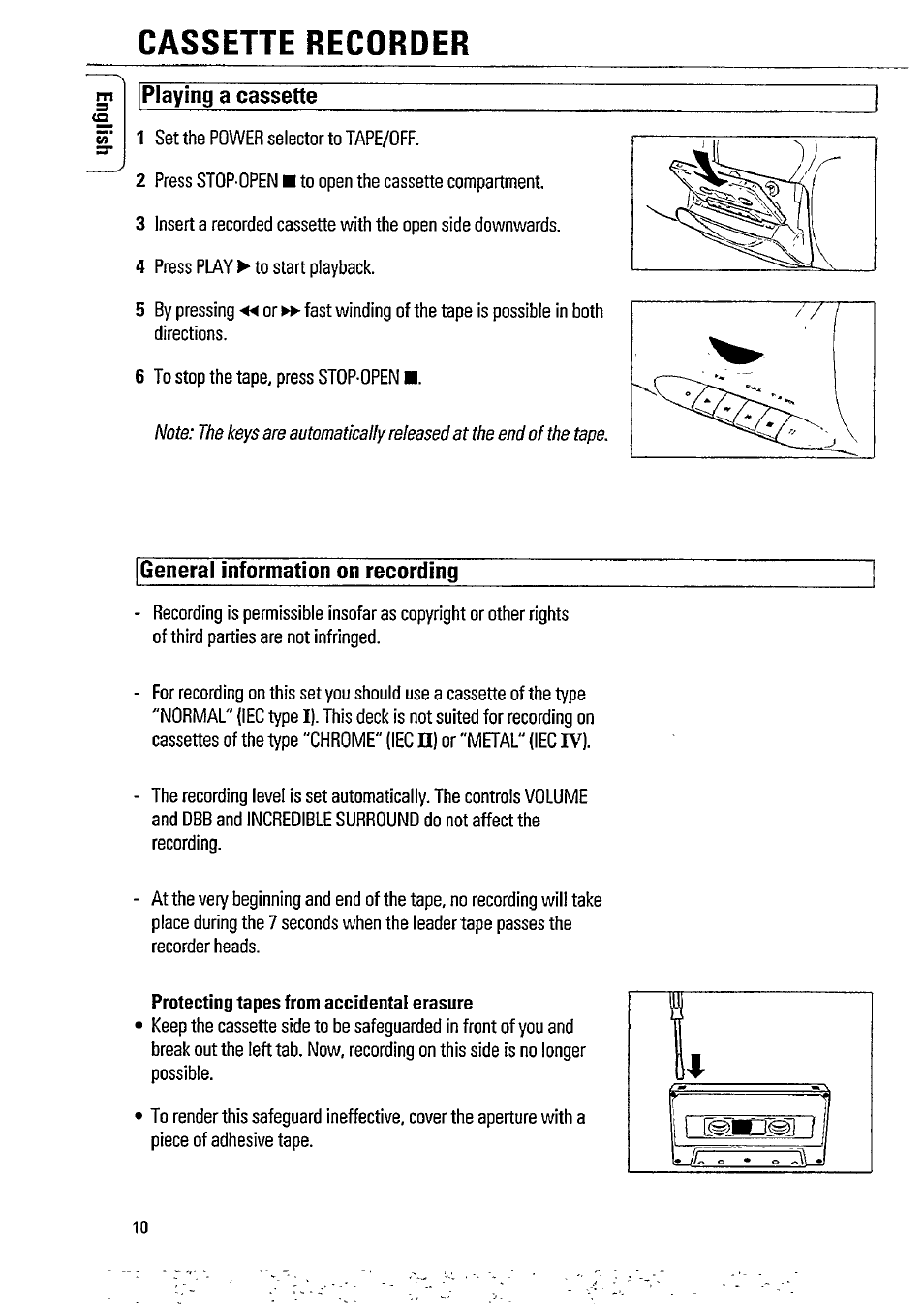 Cassette recorder, Iplaying a cassette, General information on recording | Protecting tapes from accidental erasure | Philips AZ8075 User Manual | Page 10 / 20