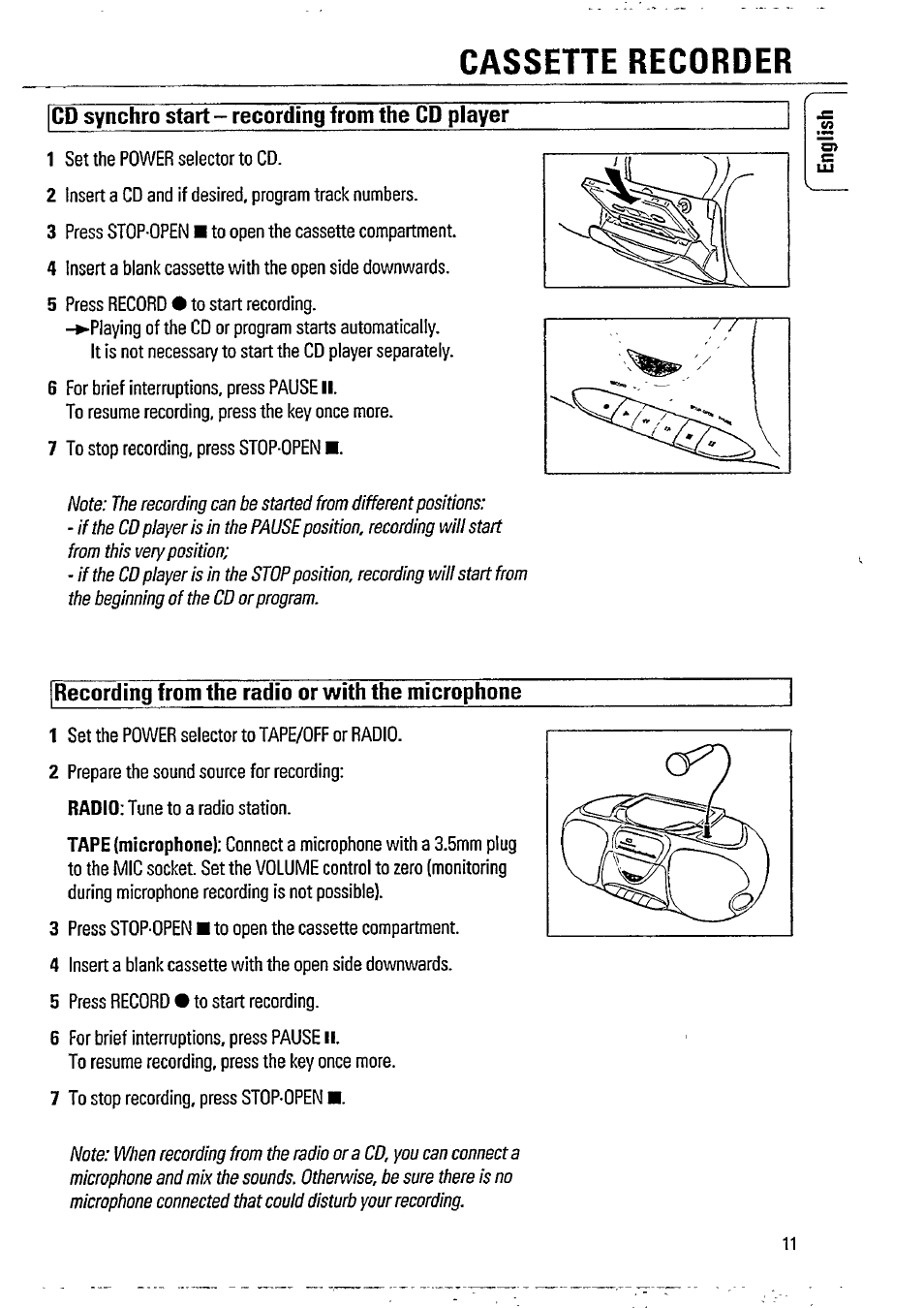 Cassette recorder, Recording from the radio or with the microphone, Cd synchro start - recording from the cd player | Philips AZ8075 User Manual | Page 11 / 20