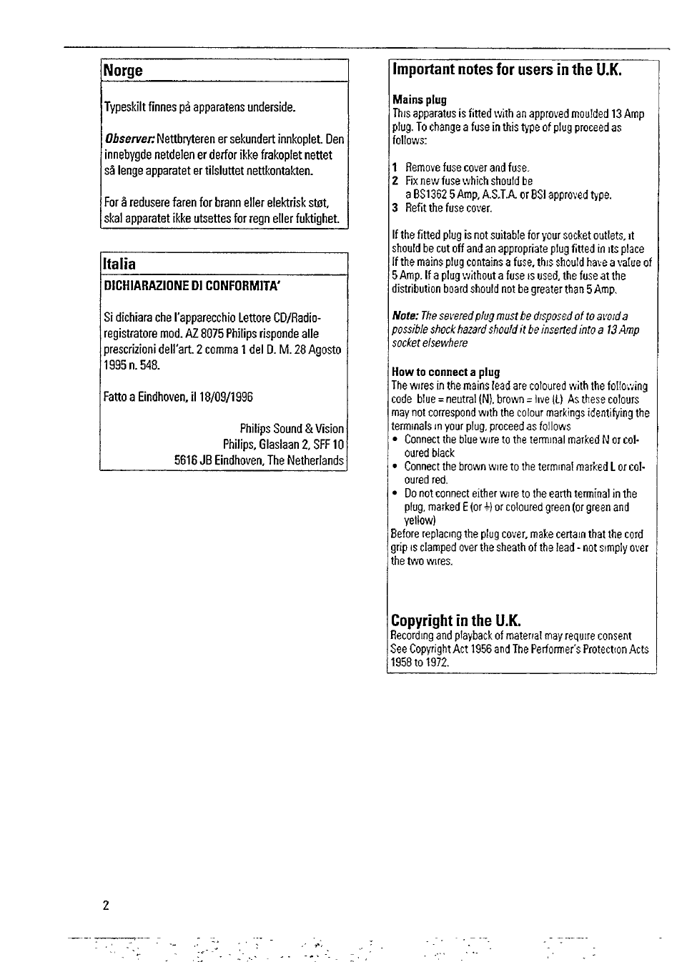 Dichiarazione di conformità, Norge, Italia | Copyright in the u.k | Philips AZ8075 User Manual | Page 2 / 20