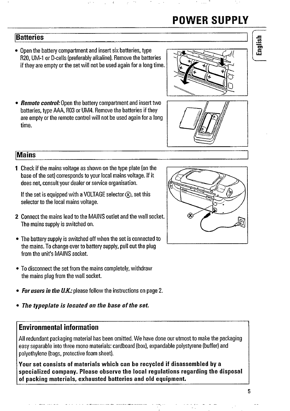 Batteries, Mains, Environmental information | Power supply | Philips AZ8075 User Manual | Page 5 / 20