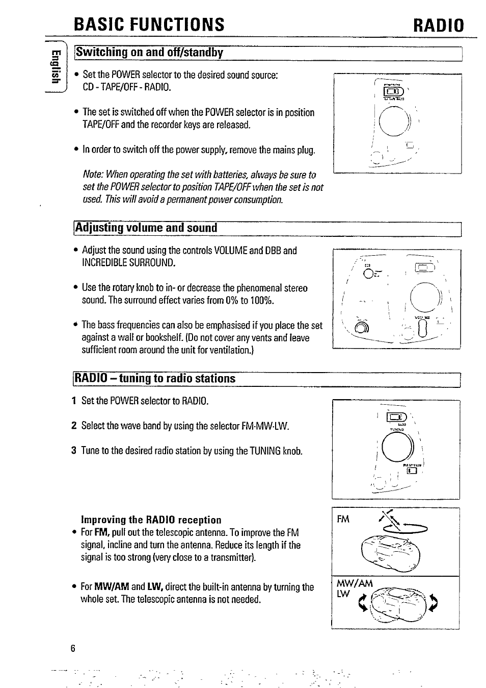 Improving the radio reception, Basic functions radio | Philips AZ8075 User Manual | Page 6 / 20