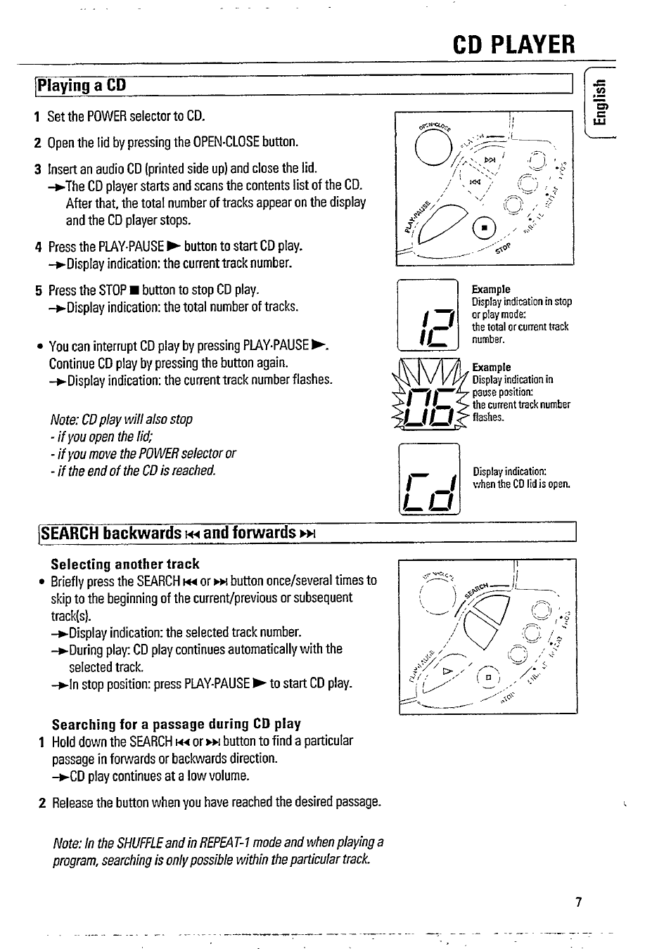 Playing a cd, Search backwards pm and forwards »>1, Selecting another track | Searching for a passage during cd play, Cd player, Search backwards, And forwards »>1 | Philips AZ8075 User Manual | Page 7 / 20