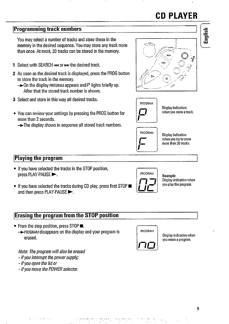 Programming track numbers, Playing the program, Erasing the program from the stop position | Cd player | Philips AZ8075 User Manual | Page 9 / 20