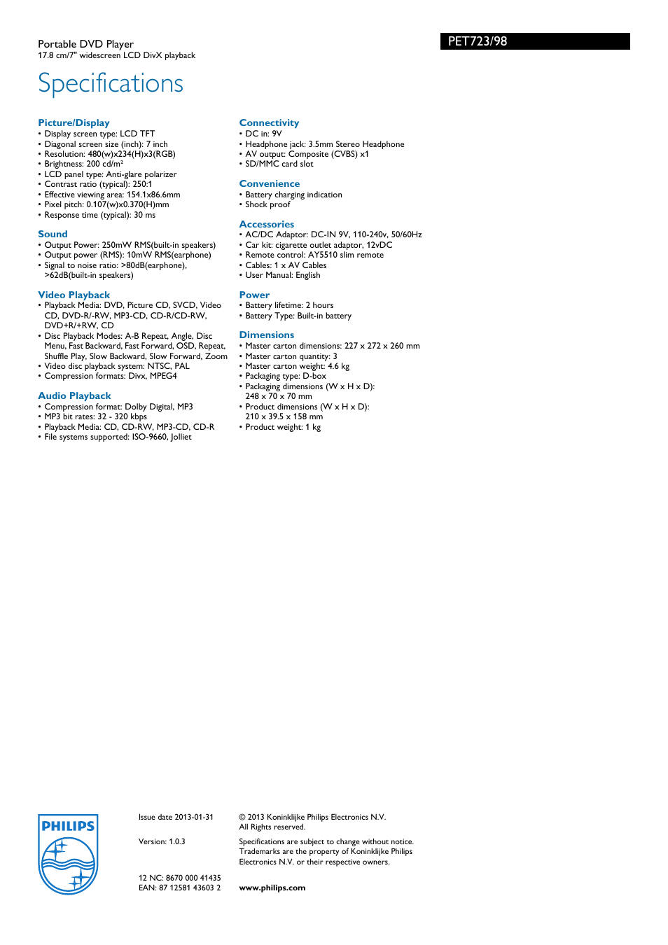 Specifications | Philips PET723/98 User Manual | Page 3 / 3