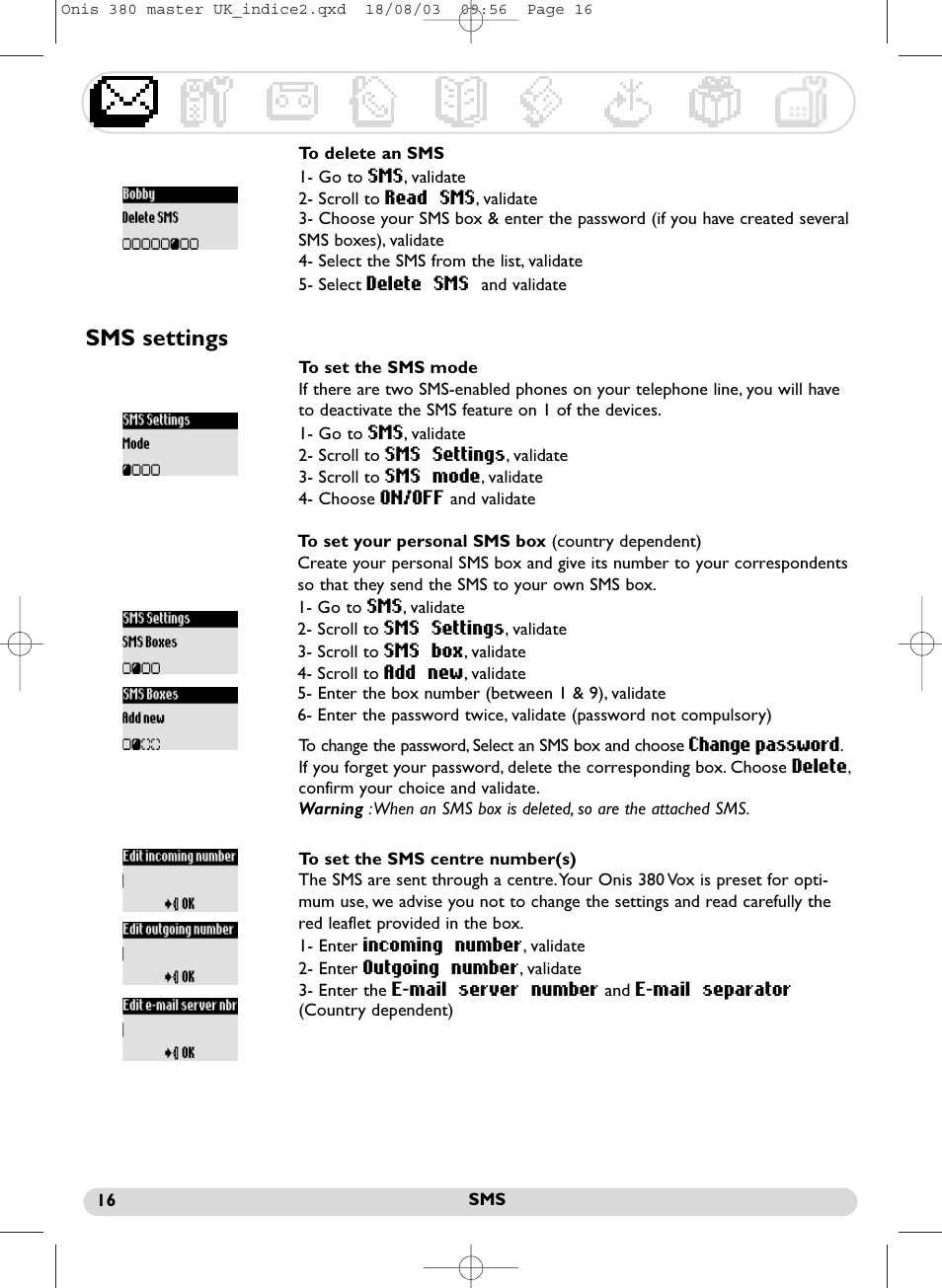 Sms settings | Philips Onis 380 Vox User Manual | Page 17 / 48