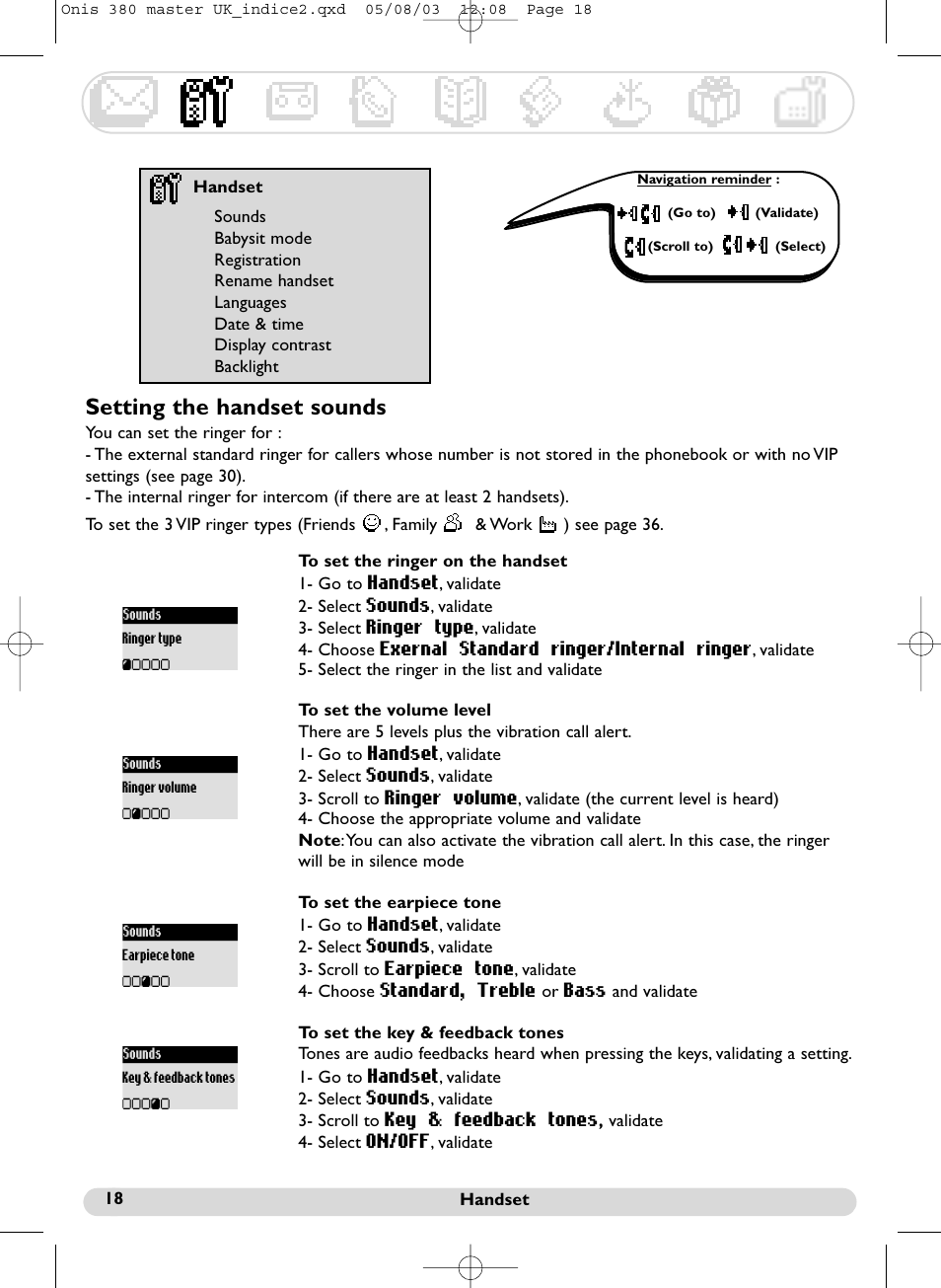 Setting the handset sounds | Philips Onis 380 Vox User Manual | Page 19 / 48