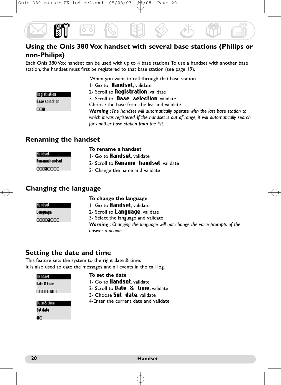 Renaming the handset, Changing the language, Setting the date and time | Philips Onis 380 Vox User Manual | Page 21 / 48