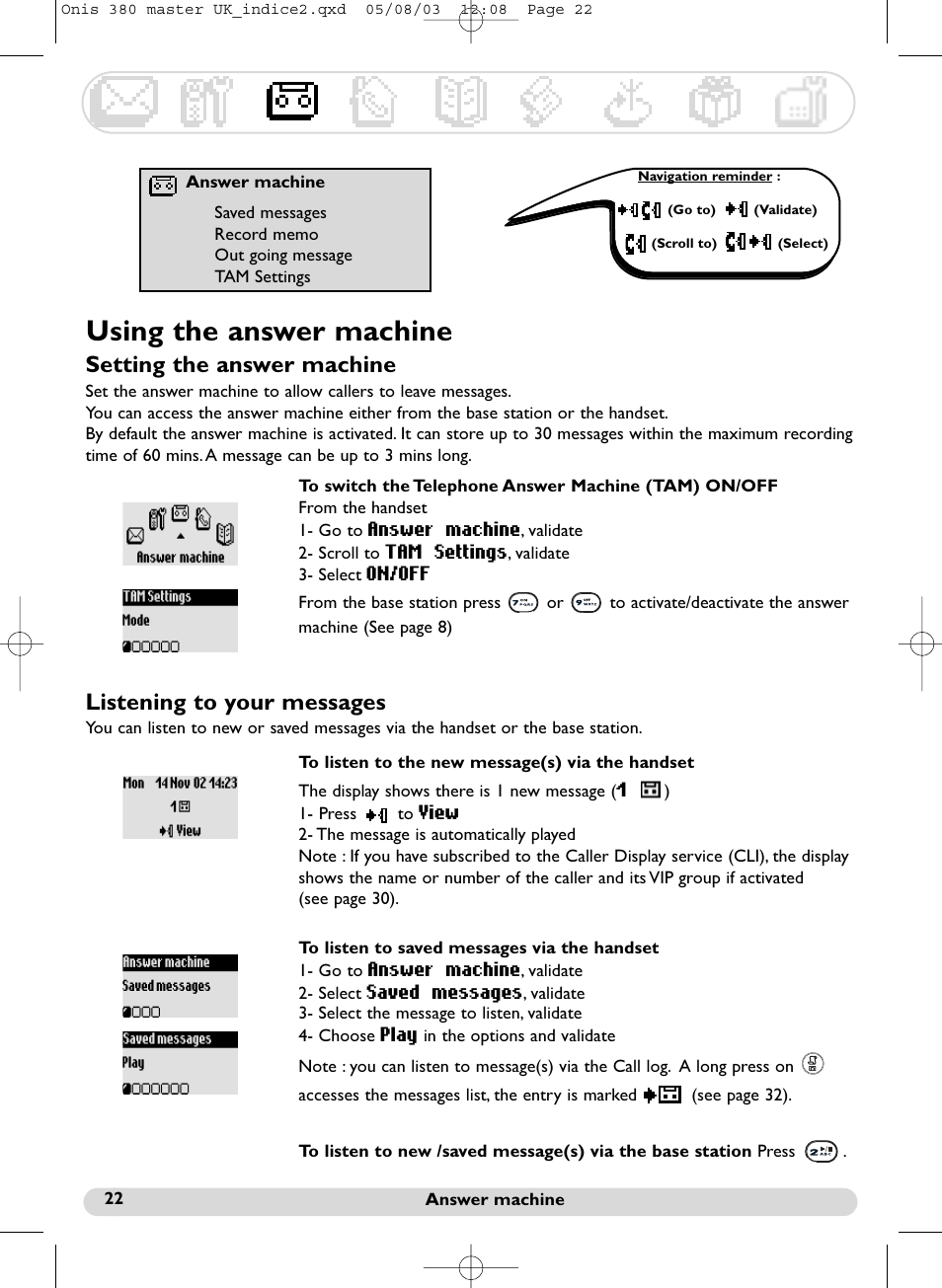Using the answer machine, Setting the answer machine, Listening to your messages | Philips Onis 380 Vox User Manual | Page 23 / 48