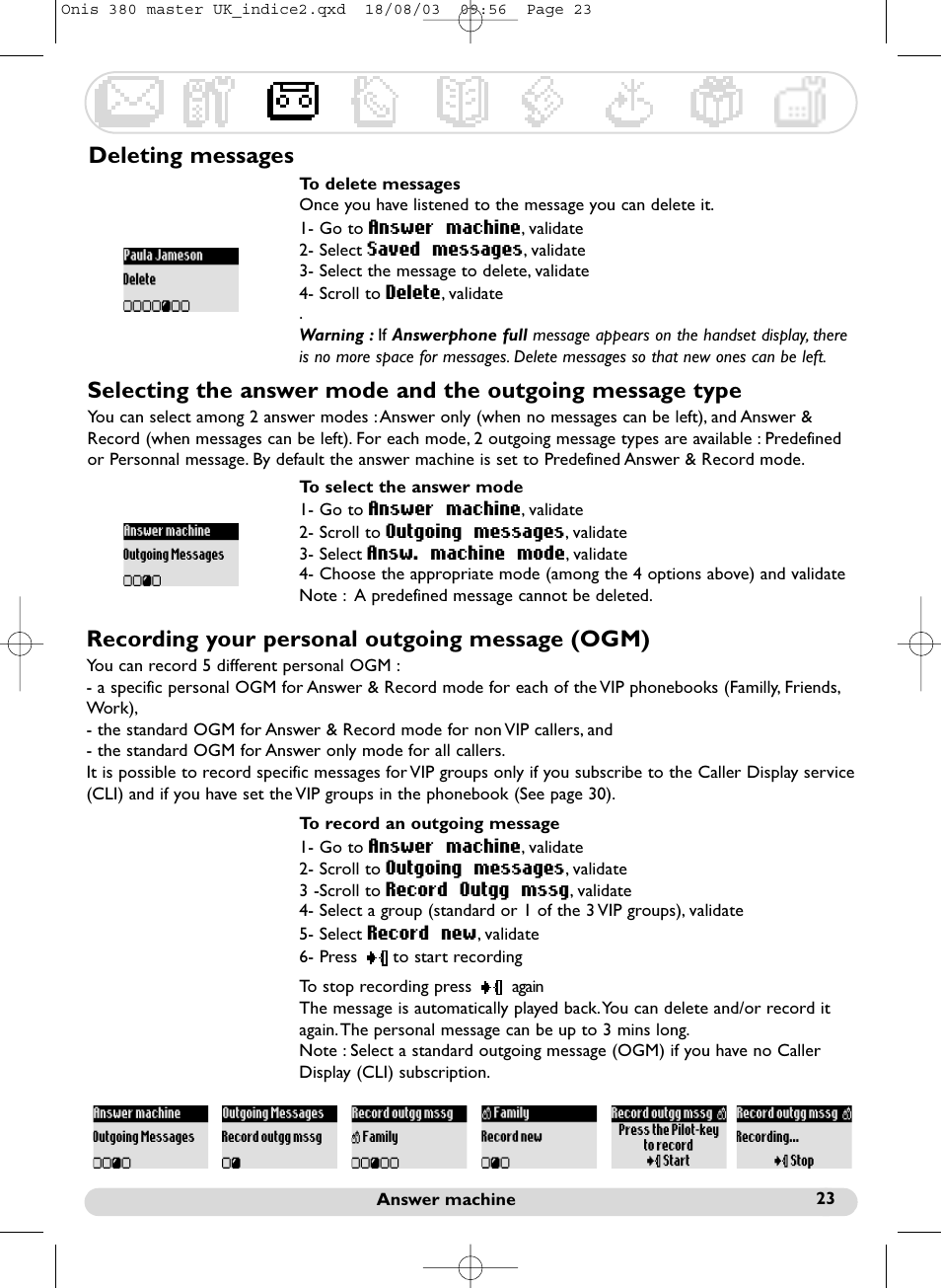 Deleting messages, Recording your personal outgoing message (ogm) | Philips Onis 380 Vox User Manual | Page 24 / 48