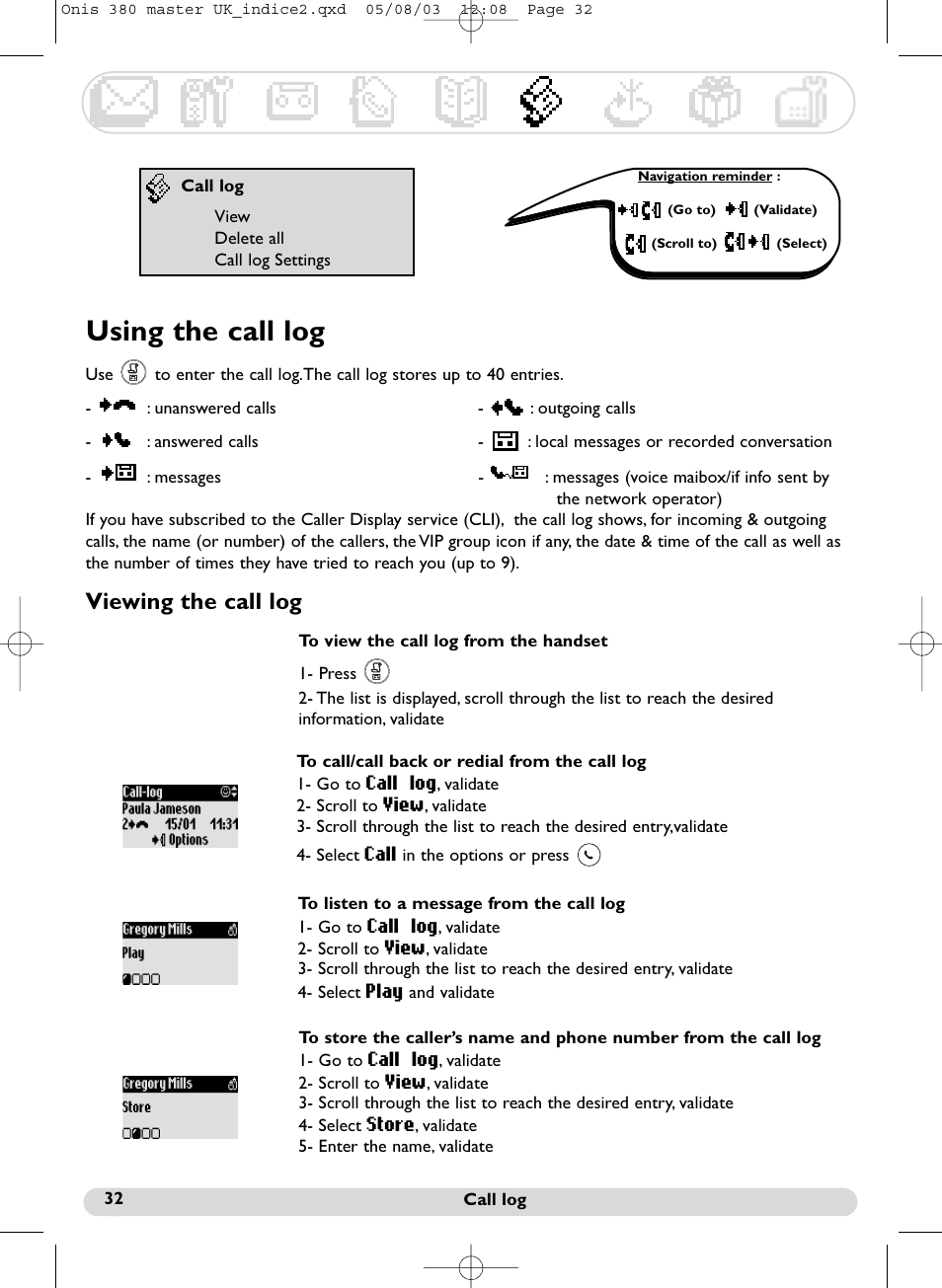 Using the call log, Viewing the call log | Philips Onis 380 Vox User Manual | Page 33 / 48