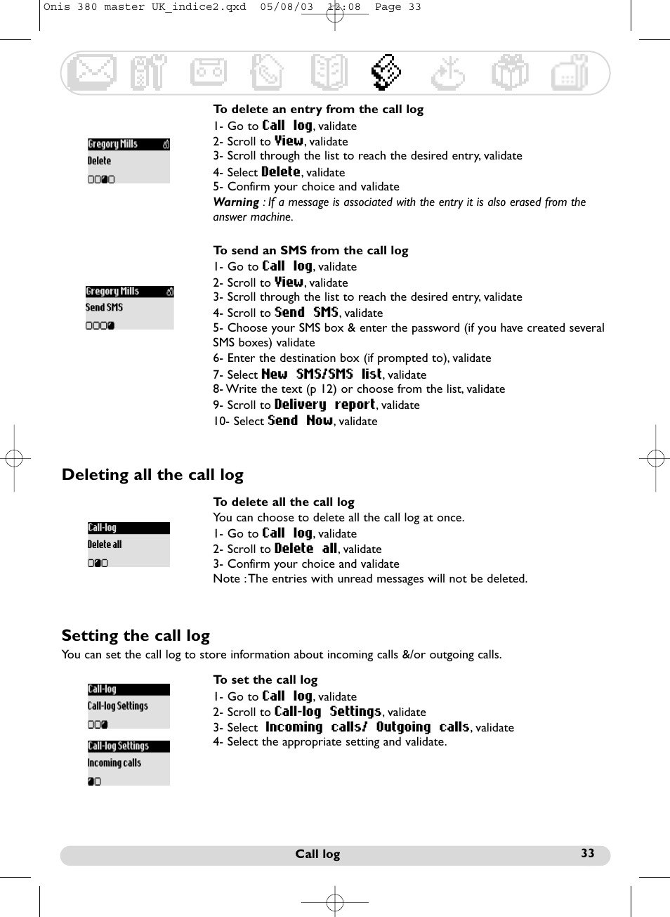 Setting the call log, Deleting all the call log | Philips Onis 380 Vox User Manual | Page 34 / 48
