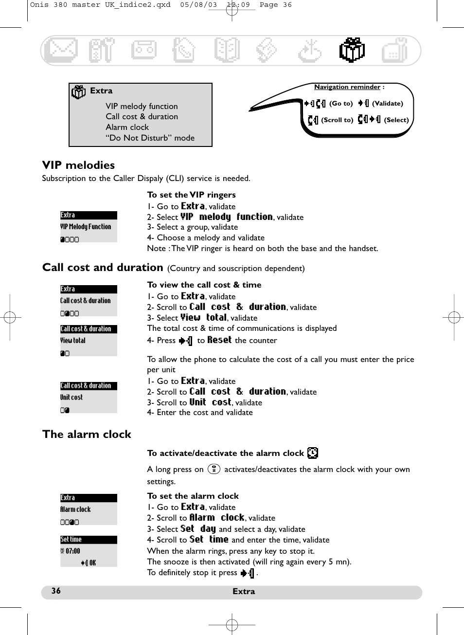 Vip melodies, Call cost and duration, The alarm clock | Philips Onis 380 Vox User Manual | Page 37 / 48