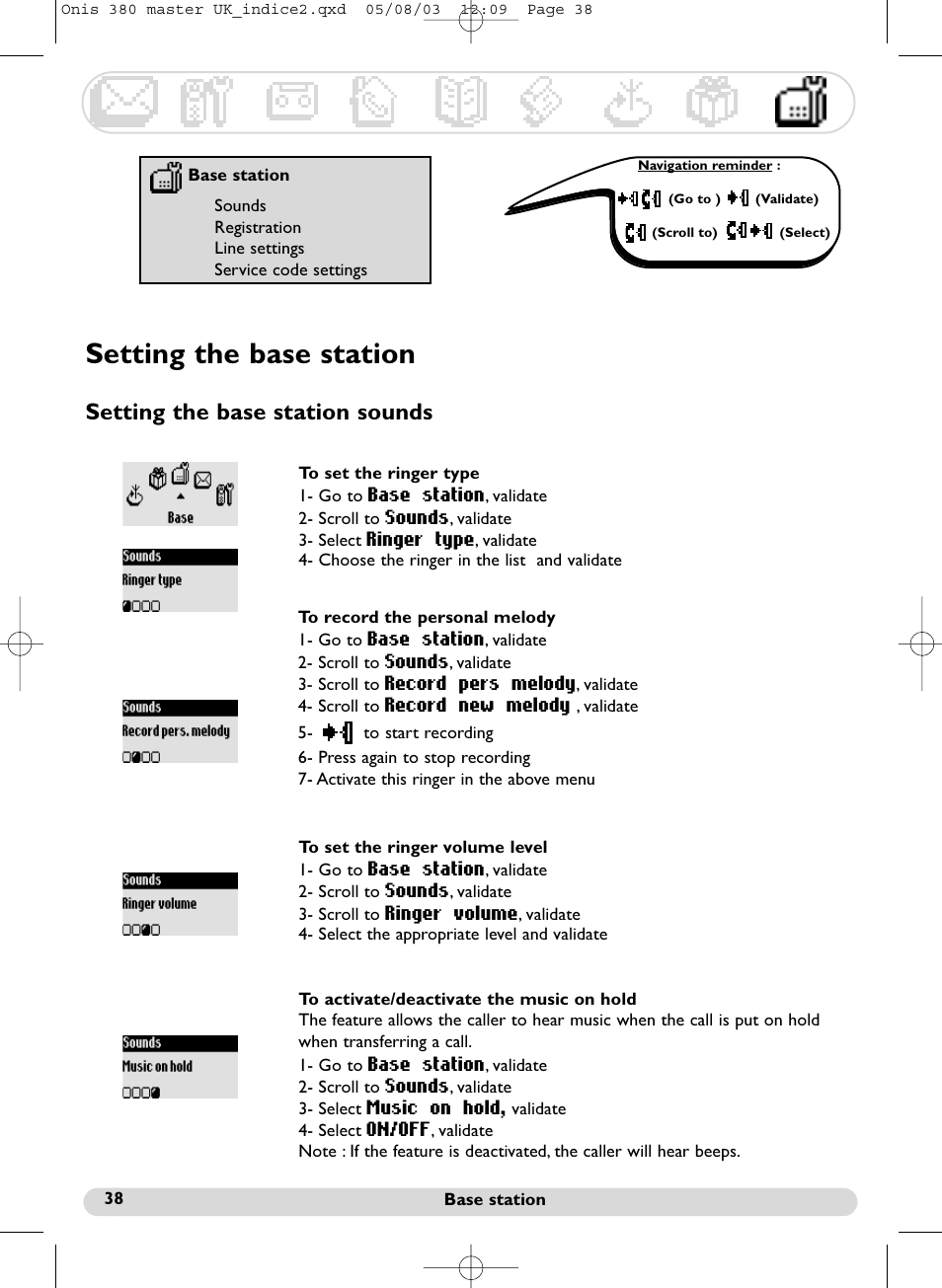 Setting the base station, Setting the base station sounds | Philips Onis 380 Vox User Manual | Page 39 / 48
