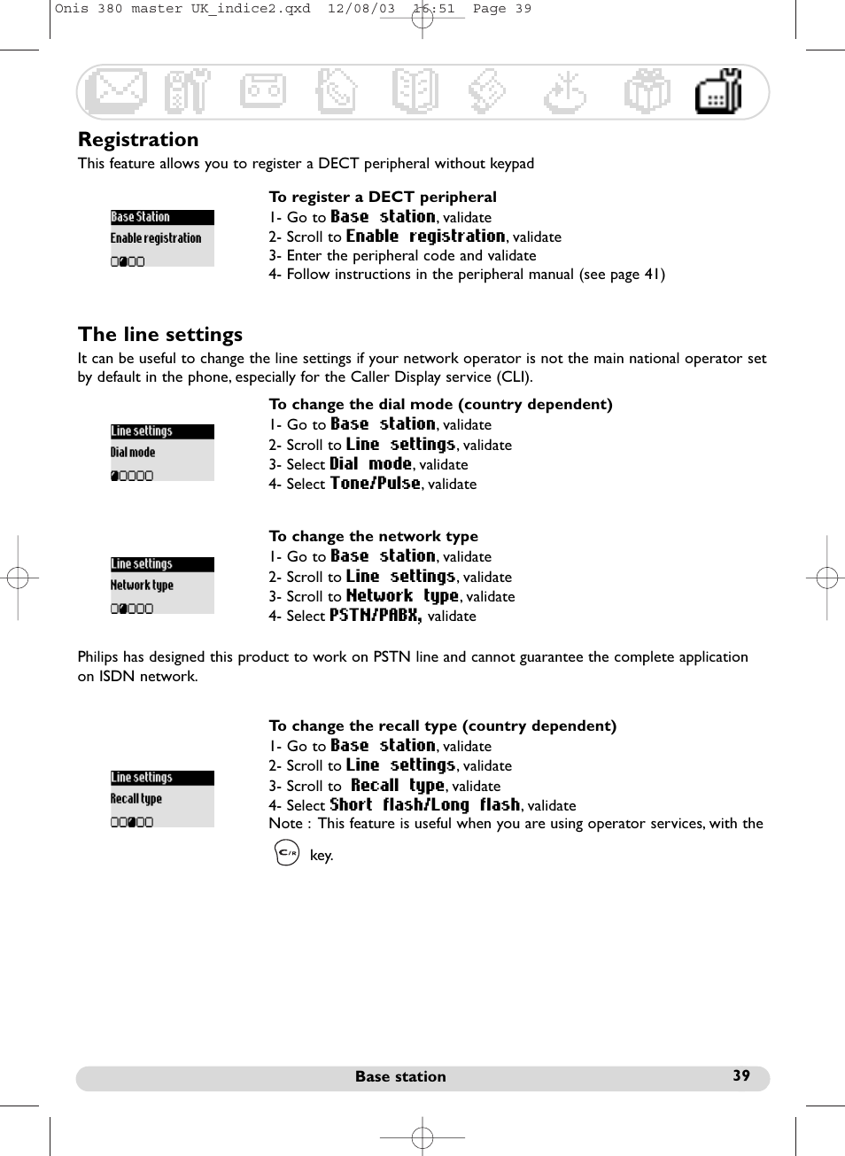 The line settings, Registration | Philips Onis 380 Vox User Manual | Page 40 / 48