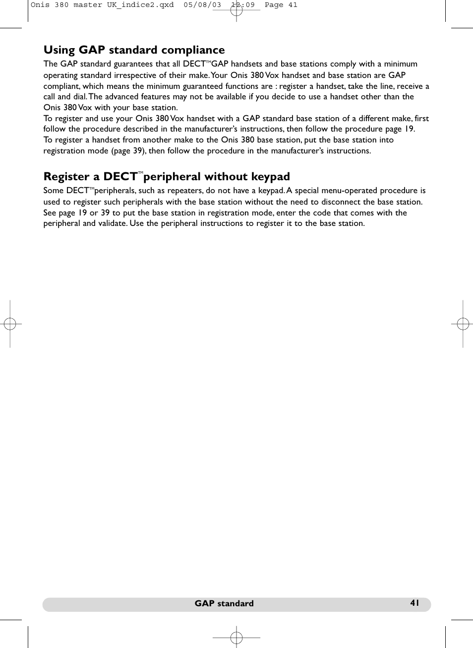 Using gap standard compliance, Register a dect, Peripheral without keypad | Philips Onis 380 Vox User Manual | Page 42 / 48