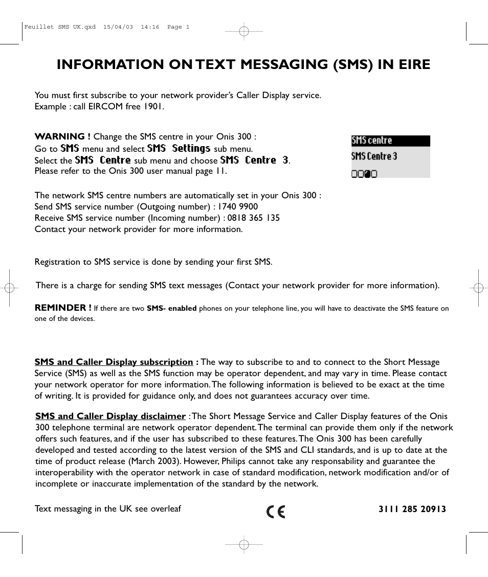 Information on text messaging (sms) in eire | Philips Onis 380 Vox User Manual | Page 47 / 48