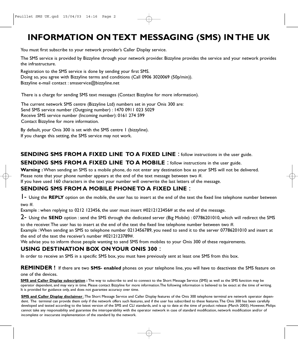 Information on text messaging (sms) in the uk | Philips Onis 380 Vox User Manual | Page 48 / 48