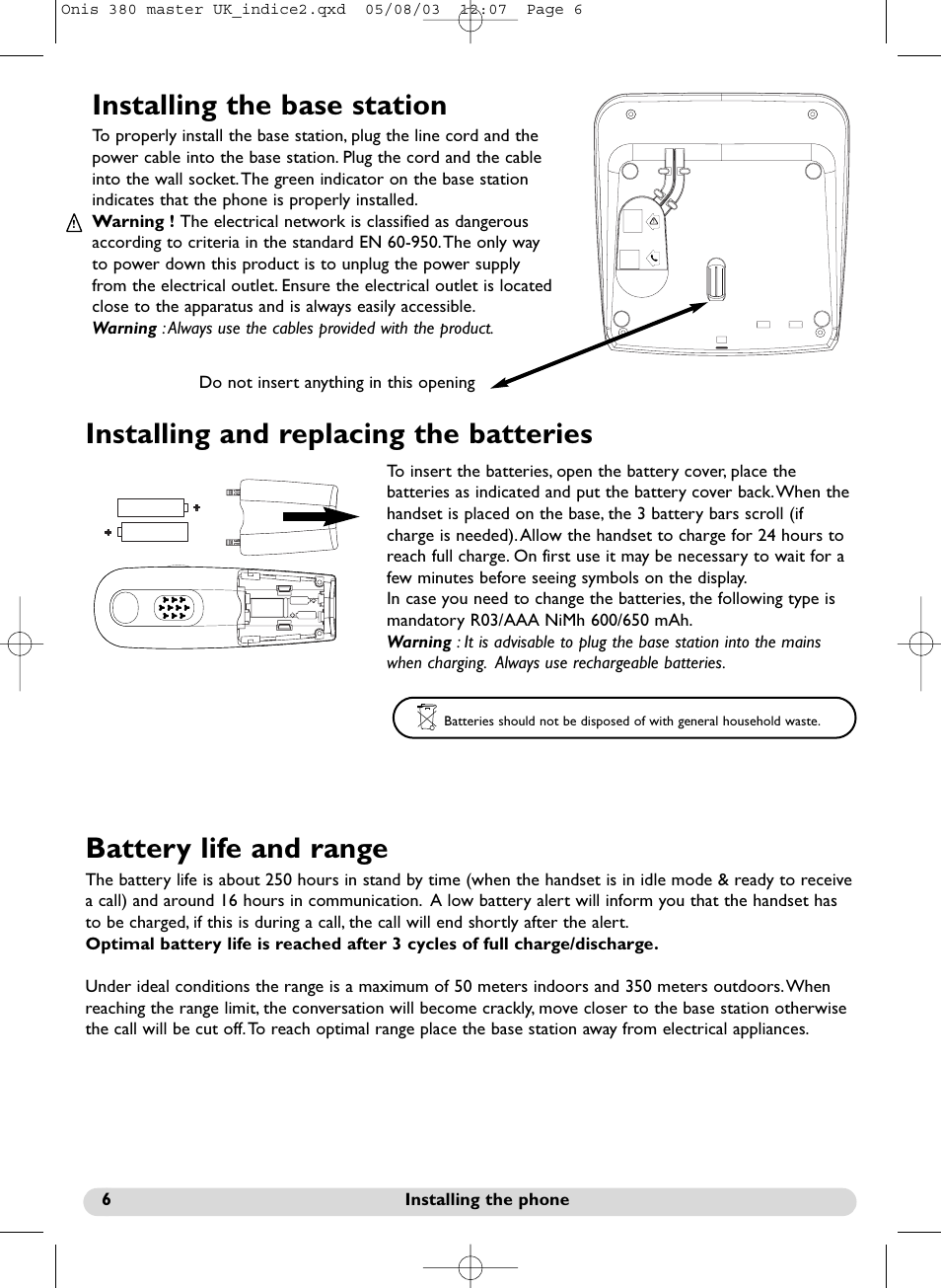 Installing the base station, Installing and replacing the batteries, Battery life and range | Philips Onis 380 Vox User Manual | Page 7 / 48
