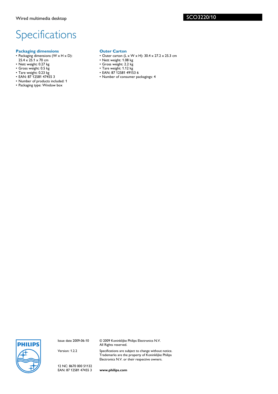 Specifications, Philips | Philips SCO3220 User Manual | Page 2 / 2