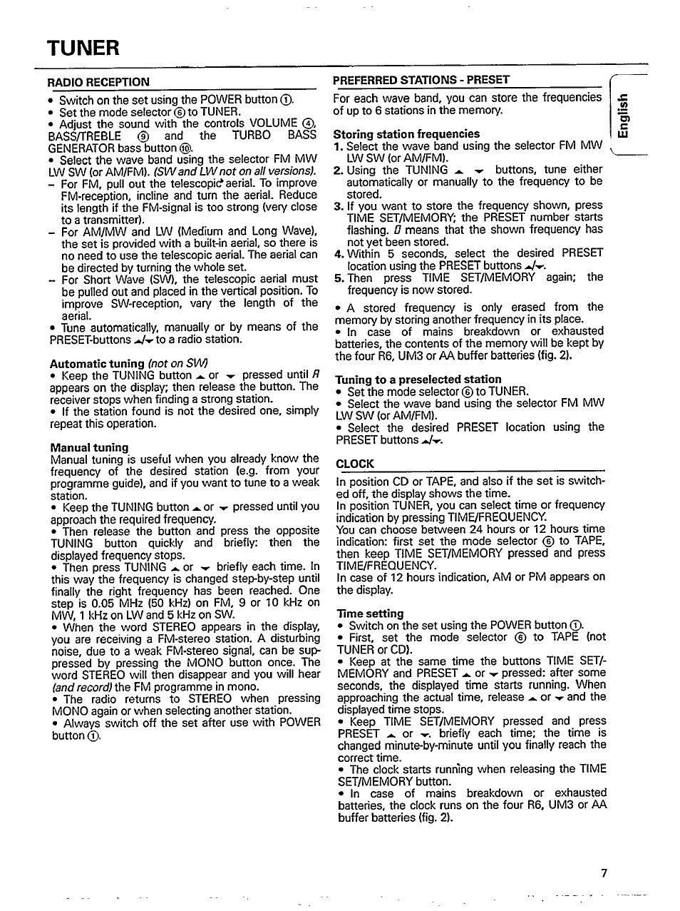 Tuner, Preferred stations - preset, Manual tuning | Storing station frequencies, Tuning to a preselected station, Clock, Time setting | Philips AZ 8210 User Manual | Page 7 / 14