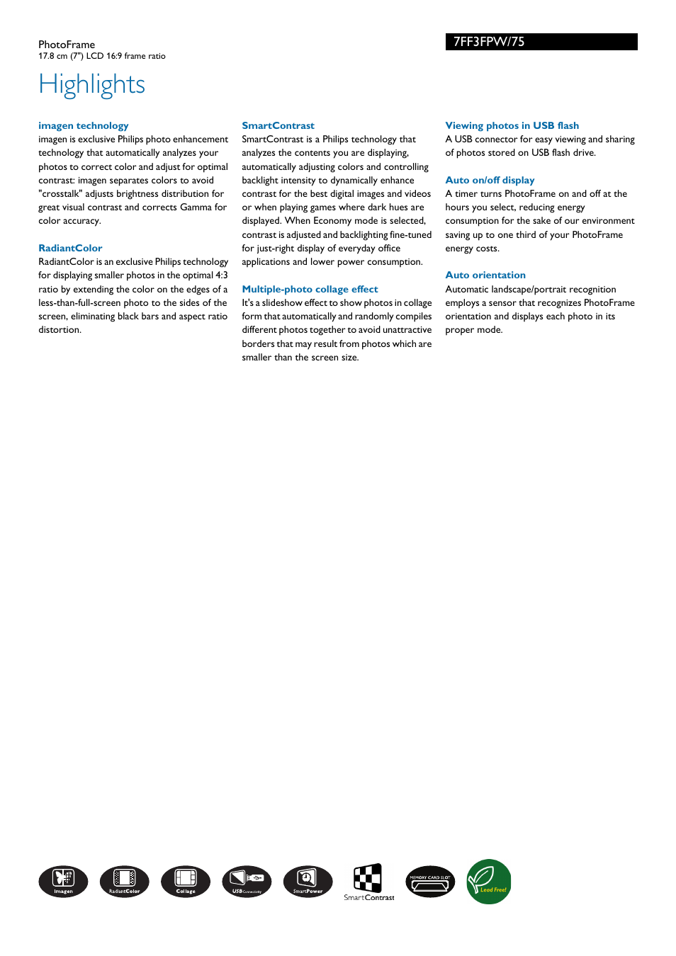 Highlights, 7ff3fpw/75 | Philips 7FF3FPW/75 User Manual | Page 2 / 3