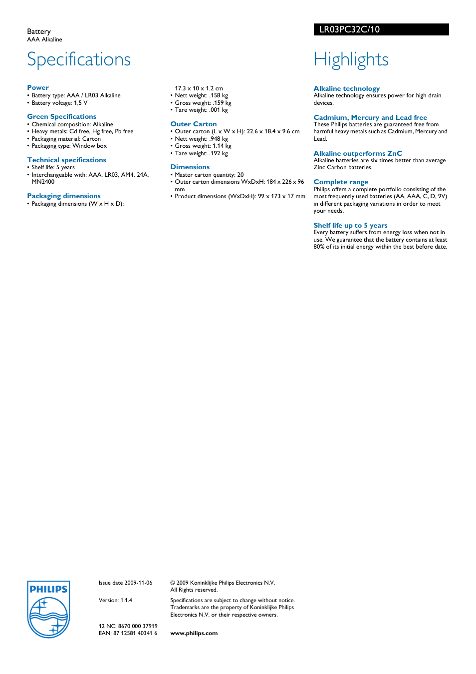 Specifications, Highlights | Philips LR03PC32C User Manual | Page 2 / 2