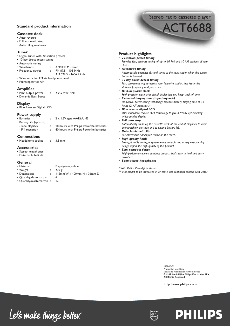 Act6688, Stereo radio cassette player | Philips ACT6688 User Manual | Page 2 / 2