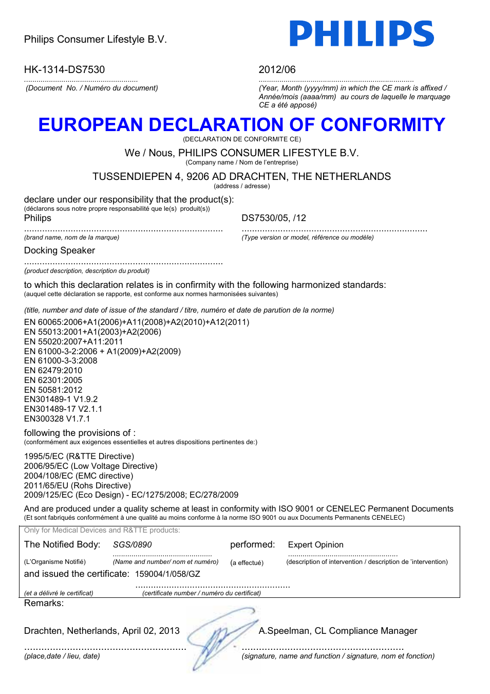 European declaration of conformity, Philips consumer lifestyle b.v, We / nous, philips consumer lifestyle b.v | Philips DS7530 User Manual | Page 11 / 12
