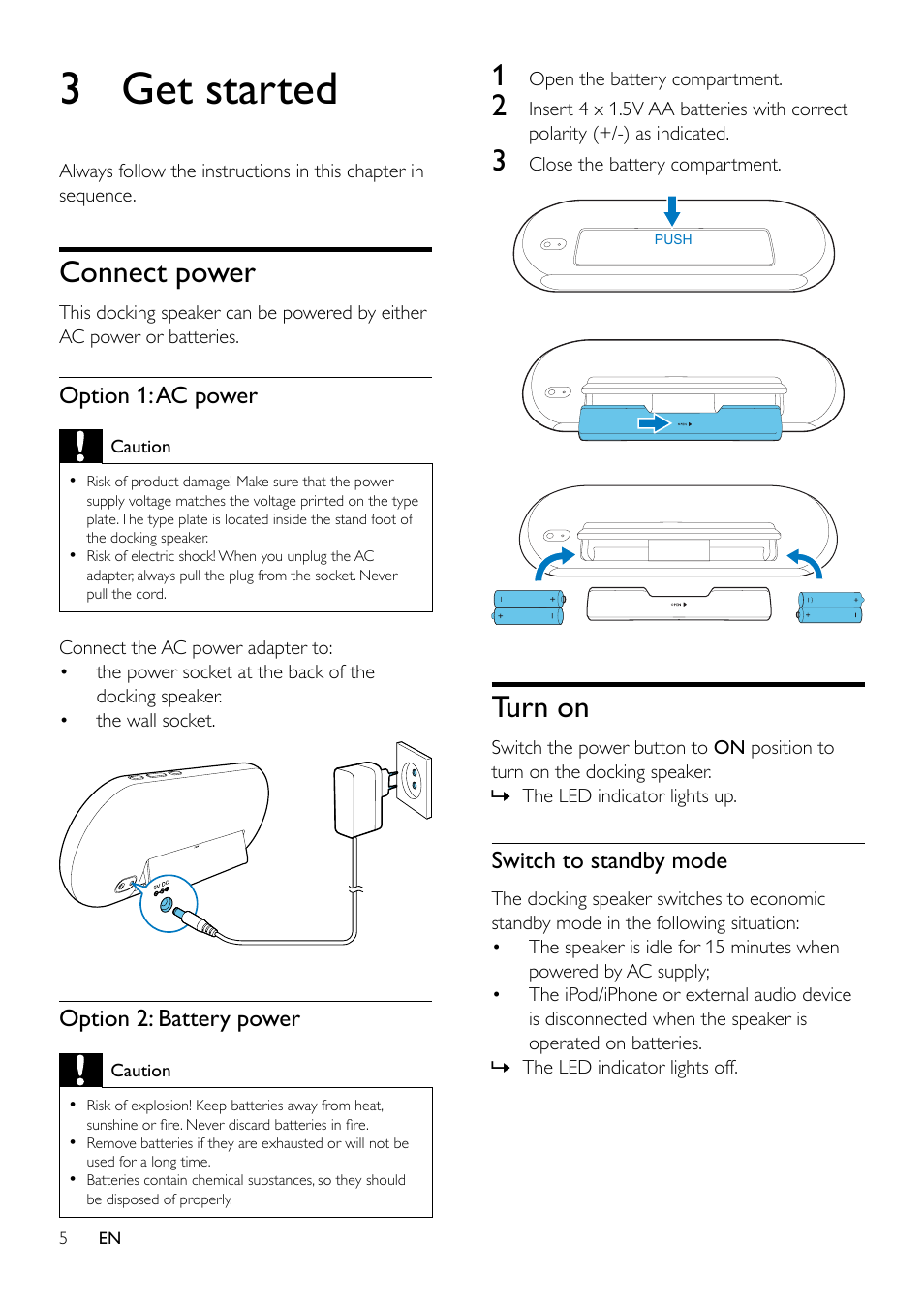 3 get started, Connect power, Turn on | Philips DS7530 User Manual | Page 5 / 12