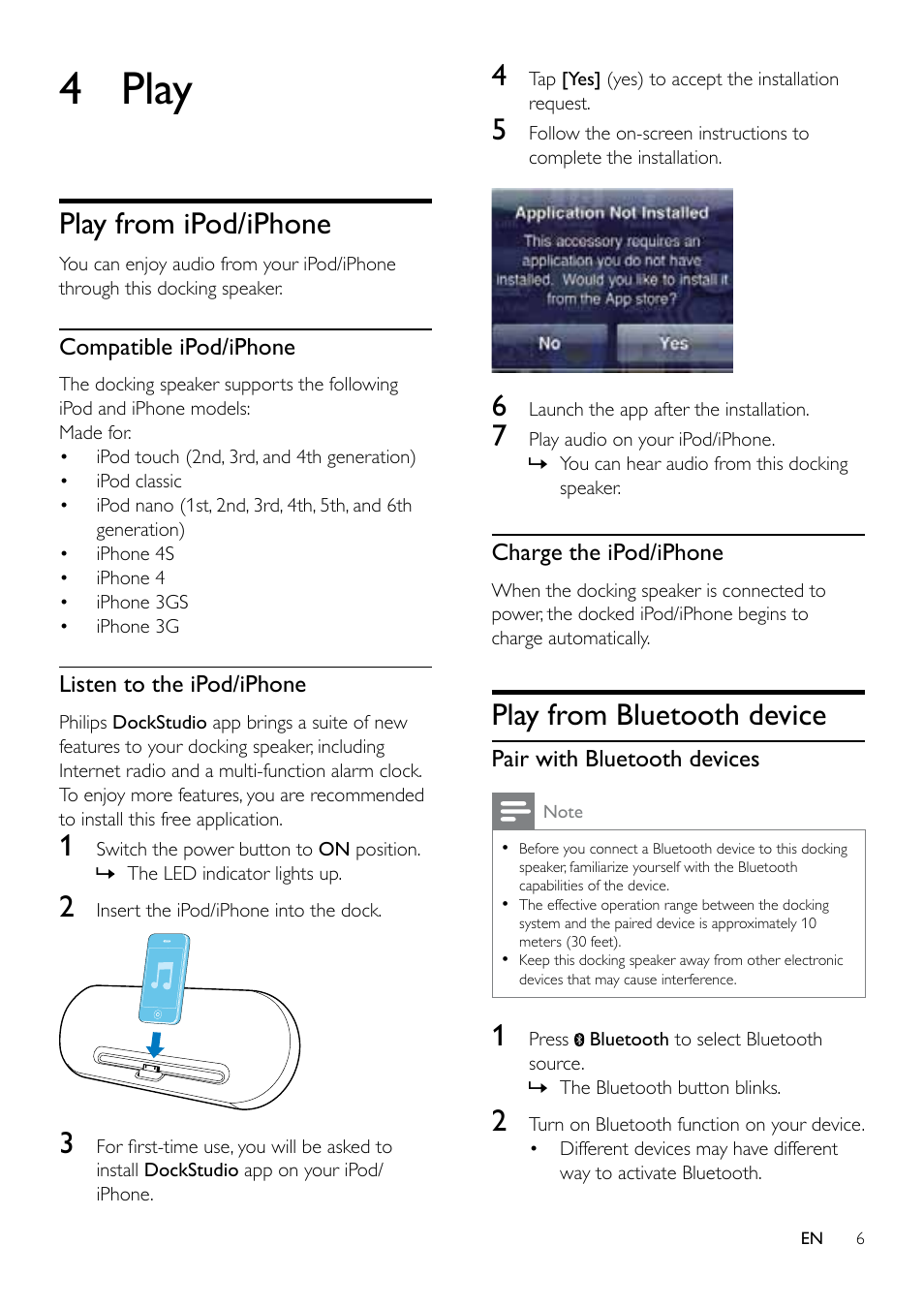 4 play, Play from ipod/iphone, Play from bluetooth device | Philips DS7530 User Manual | Page 6 / 12