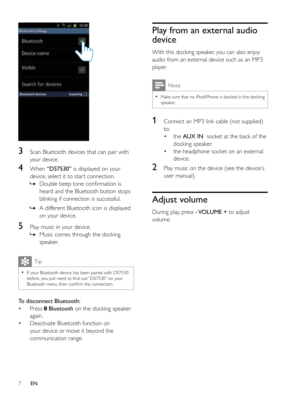 Play from an external audio device, Adjust volume | Philips DS7530 User Manual | Page 7 / 12