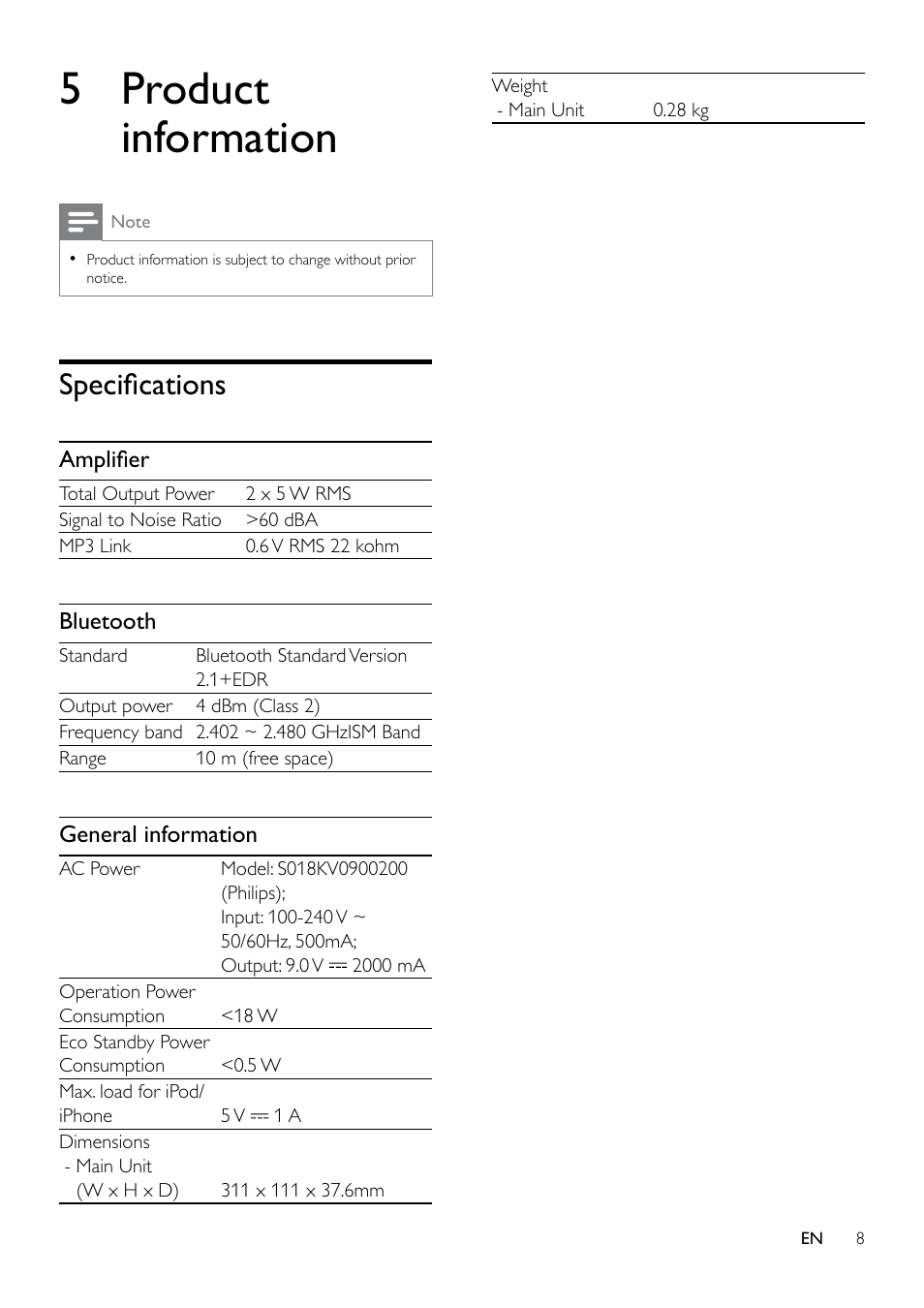 5 product information, Specifications | Philips DS7530 User Manual | Page 8 / 12