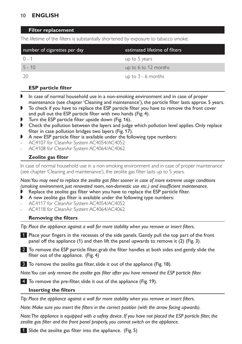 Filter replacement, Esp particle filter, Zeolite gas filter | Removing the filters, Inserting the filters | Philips AC4118 User Manual | Page 10 / 56