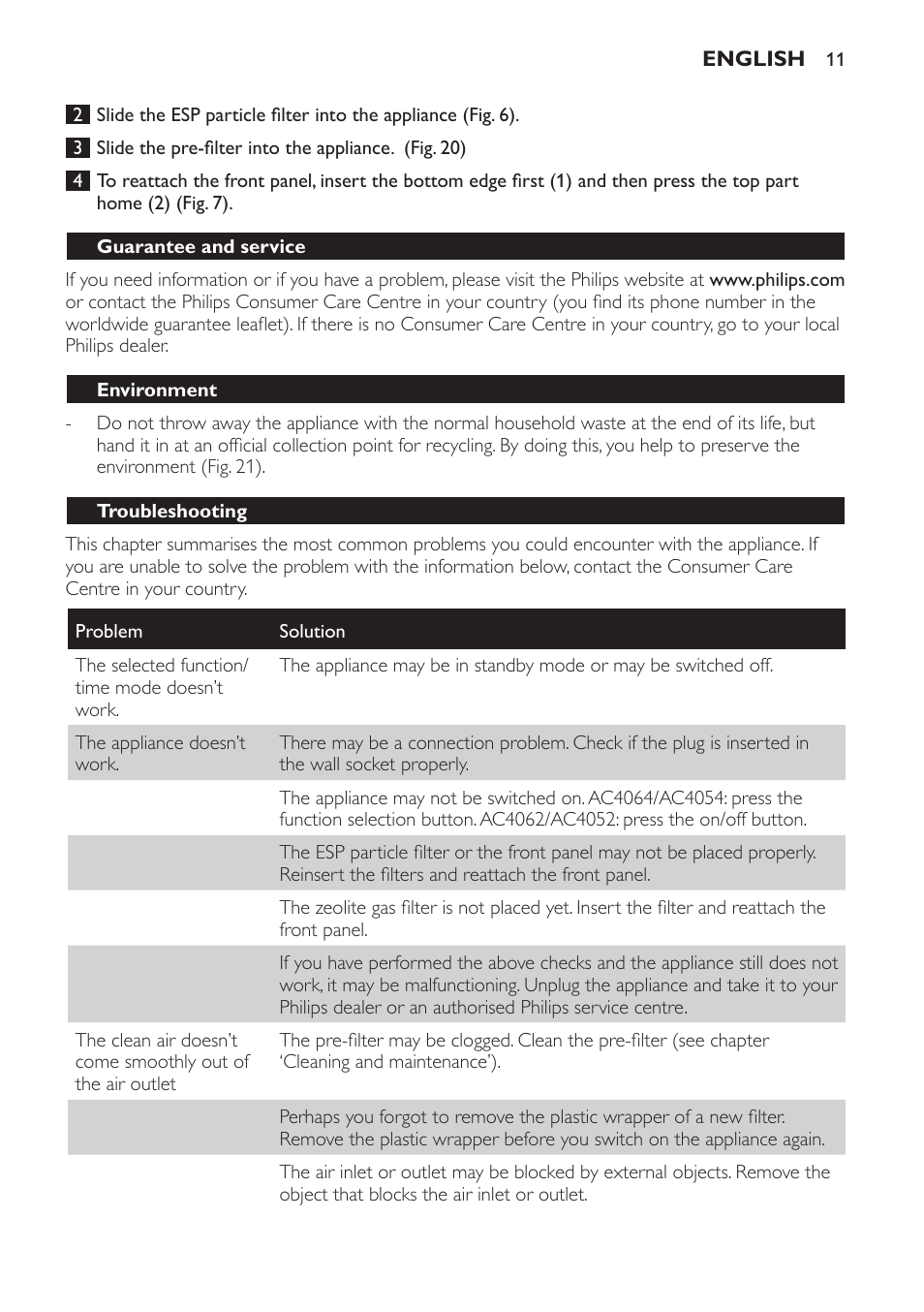 Guarantee and service, Environment, Troubleshooting | Philips AC4118 User Manual | Page 11 / 56