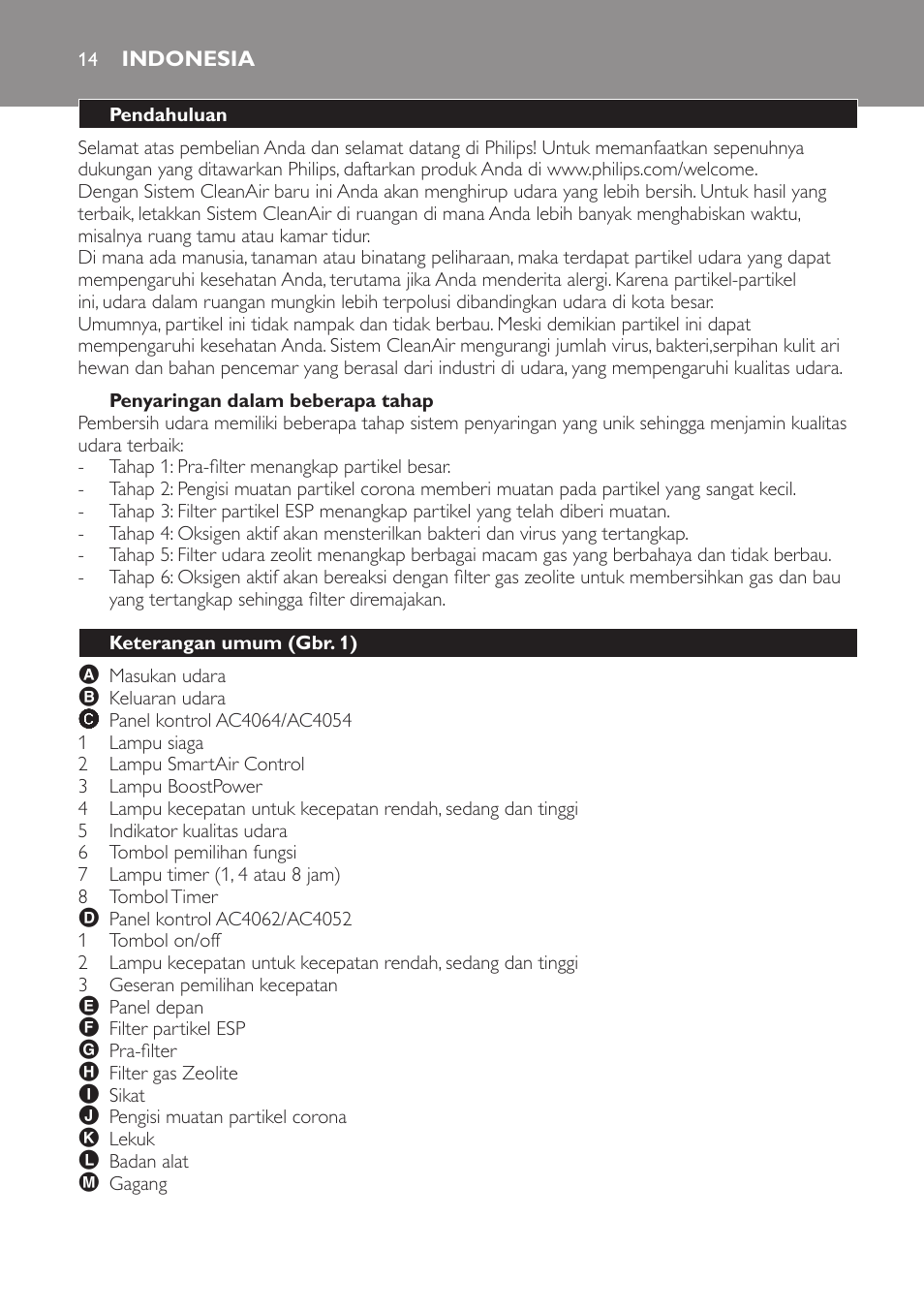 Penyaringan dalam beberapa tahap, Indonesia, Pendahuluan | Keterangan umum (gbr. 1) | Philips AC4118 User Manual | Page 14 / 56