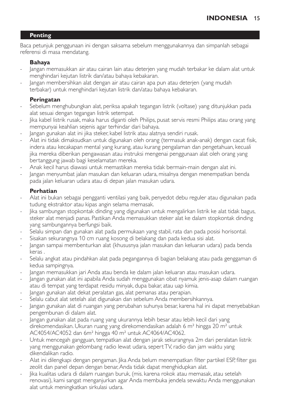 Bahaya, Peringatan, Perhatian | Penting | Philips AC4118 User Manual | Page 15 / 56