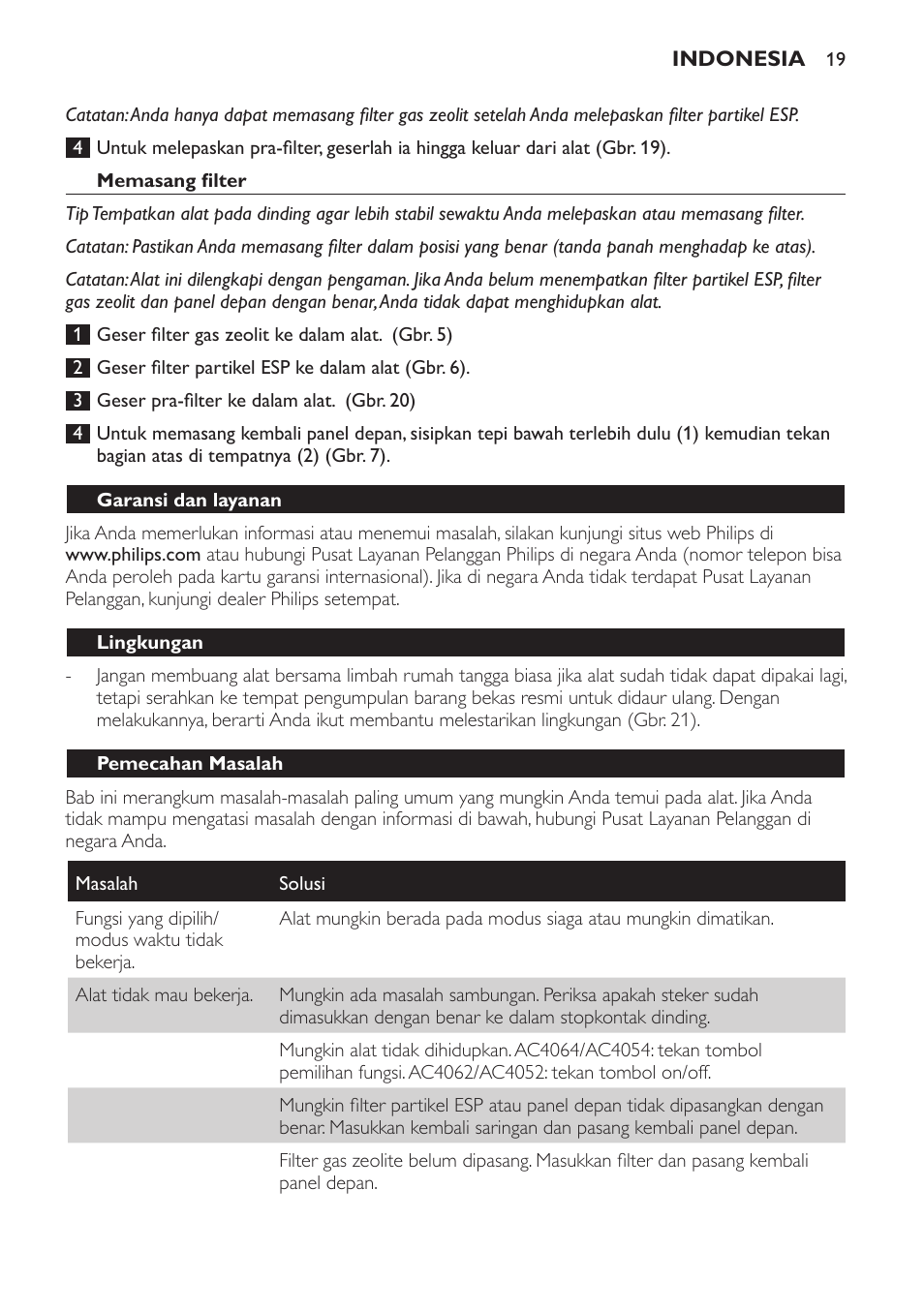 Memasang filter, Garansi dan layanan, Lingkungan | Pemecahan masalah | Philips AC4118 User Manual | Page 19 / 56