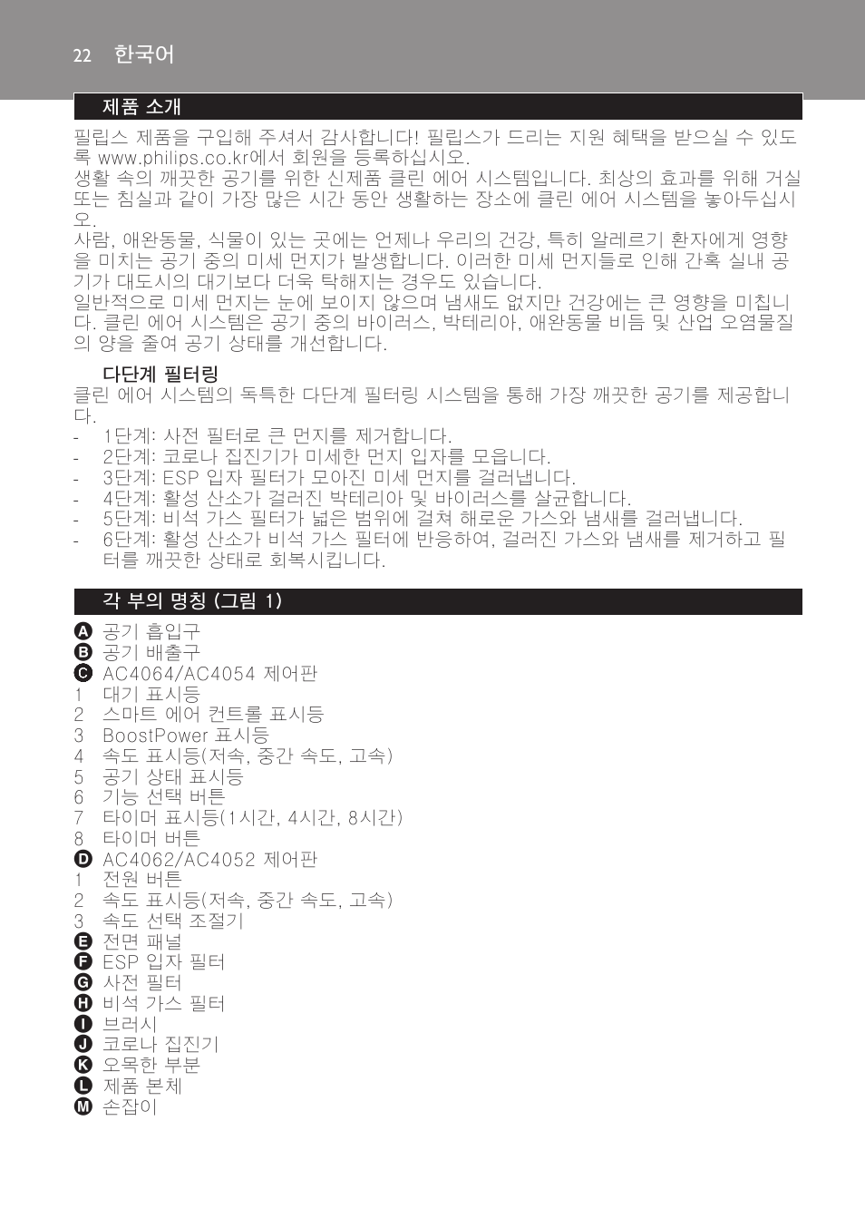 다단계 필터링, 제품 소개, 각 부의 명칭 (그림 1) | Philips AC4118 User Manual | Page 22 / 56