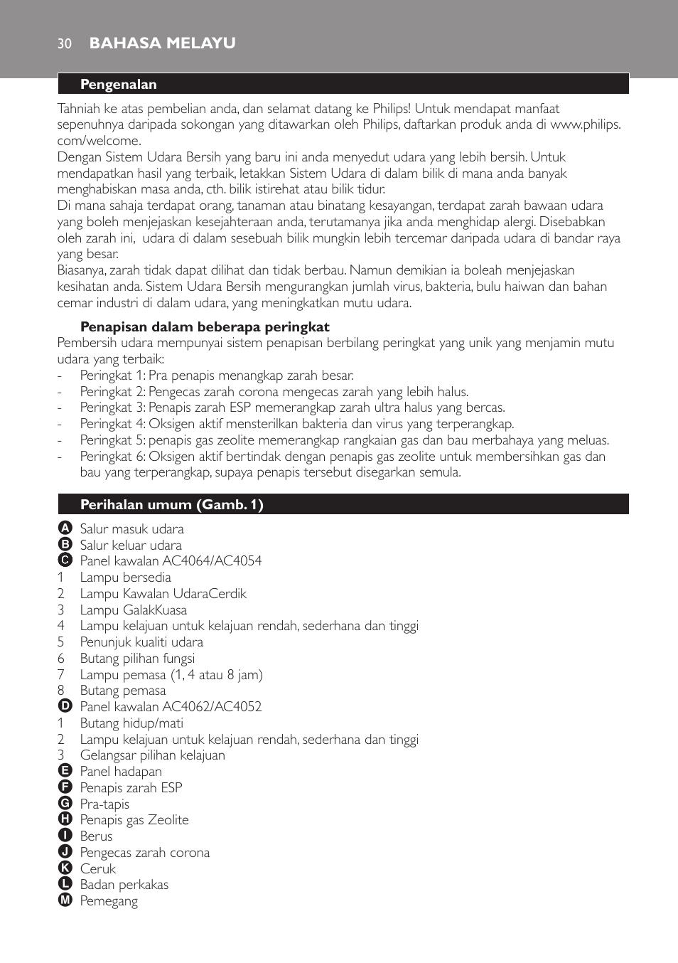 Penapisan dalam beberapa peringkat, Bahasa melayu, Pengenalan | Perihalan umum (gamb. 1) | Philips AC4118 User Manual | Page 30 / 56