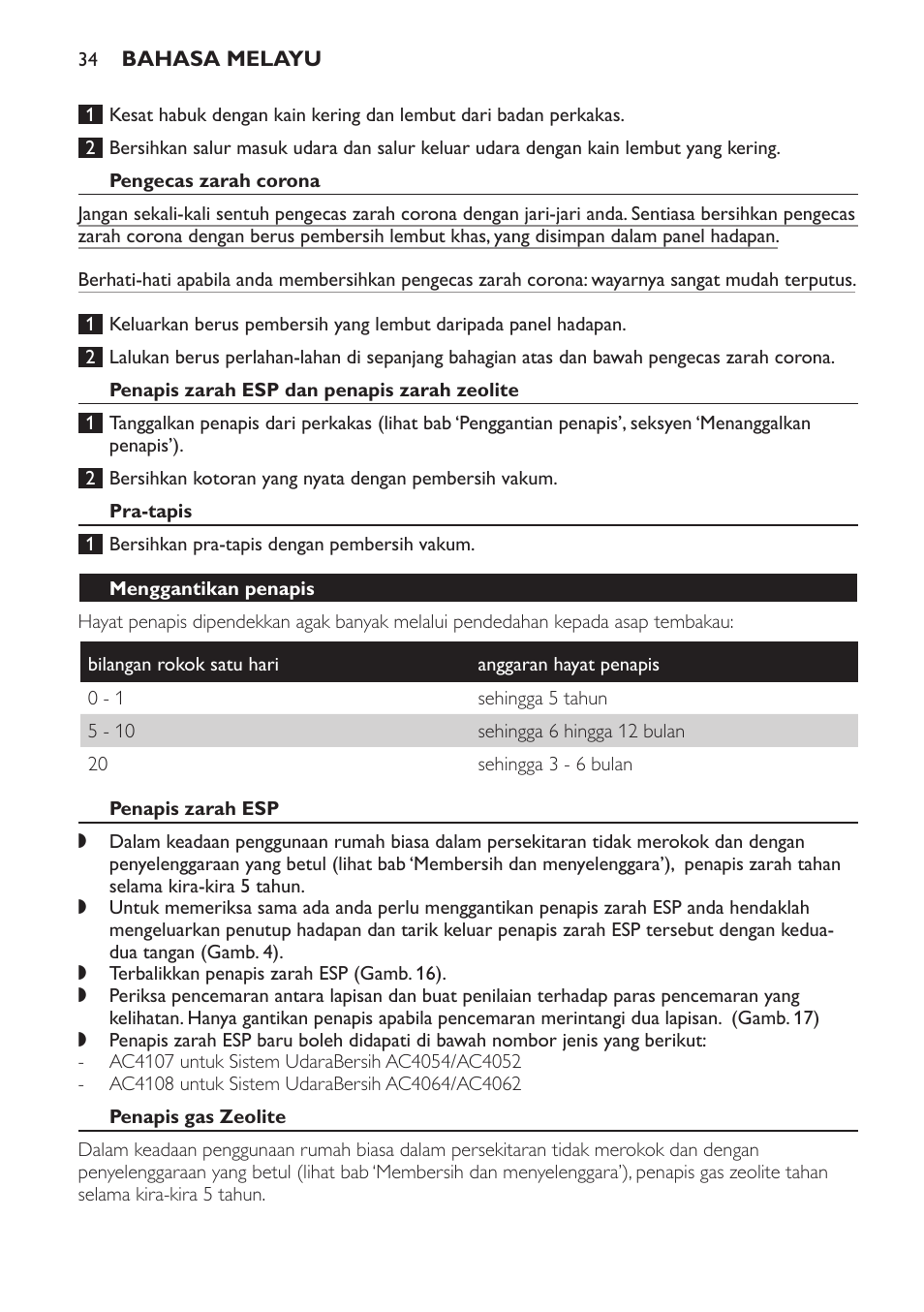 Pengecas zarah corona, Penapis zarah esp dan penapis zarah zeolite, Pra-tapis | Menggantikan penapis, Penapis zarah esp, Penapis gas zeolite | Philips AC4118 User Manual | Page 34 / 56