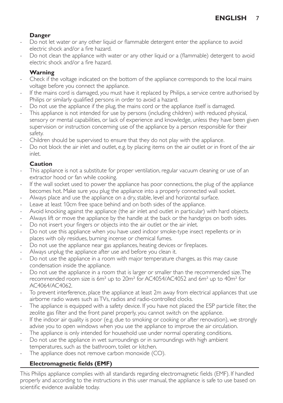 Danger, Warning, Caution | Electromagnetic fields (emf) | Philips AC4118 User Manual | Page 7 / 56