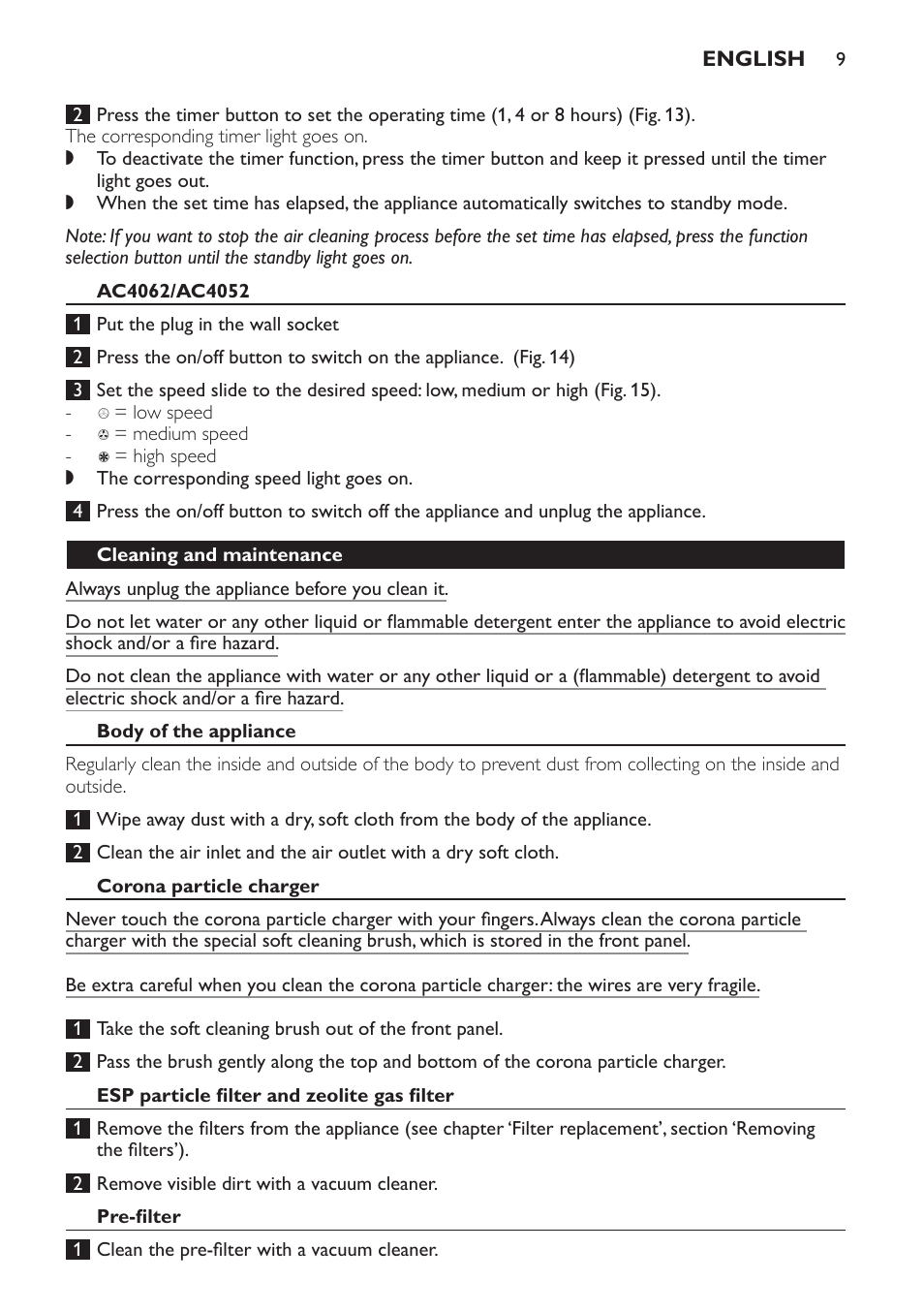 Ac4062/ac4052, Cleaning and maintenance, Body of the appliance | Corona particle charger, Esp particle filter and zeolite gas filter, Pre-filter | Philips AC4118 User Manual | Page 9 / 56