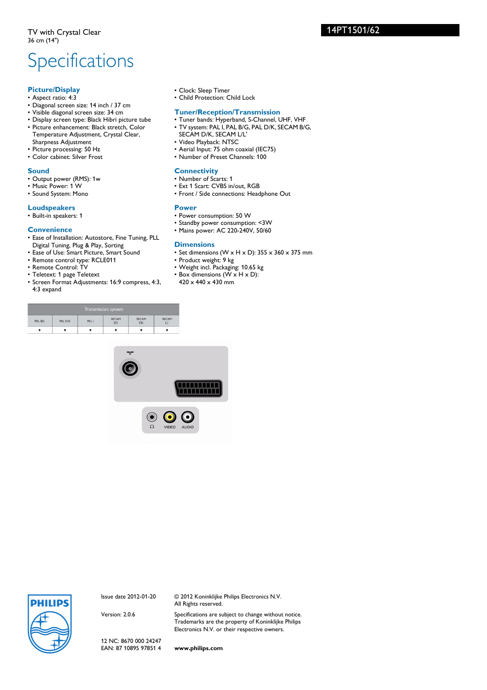 Specifications | Philips 14PT1501 User Manual | Page 3 / 3