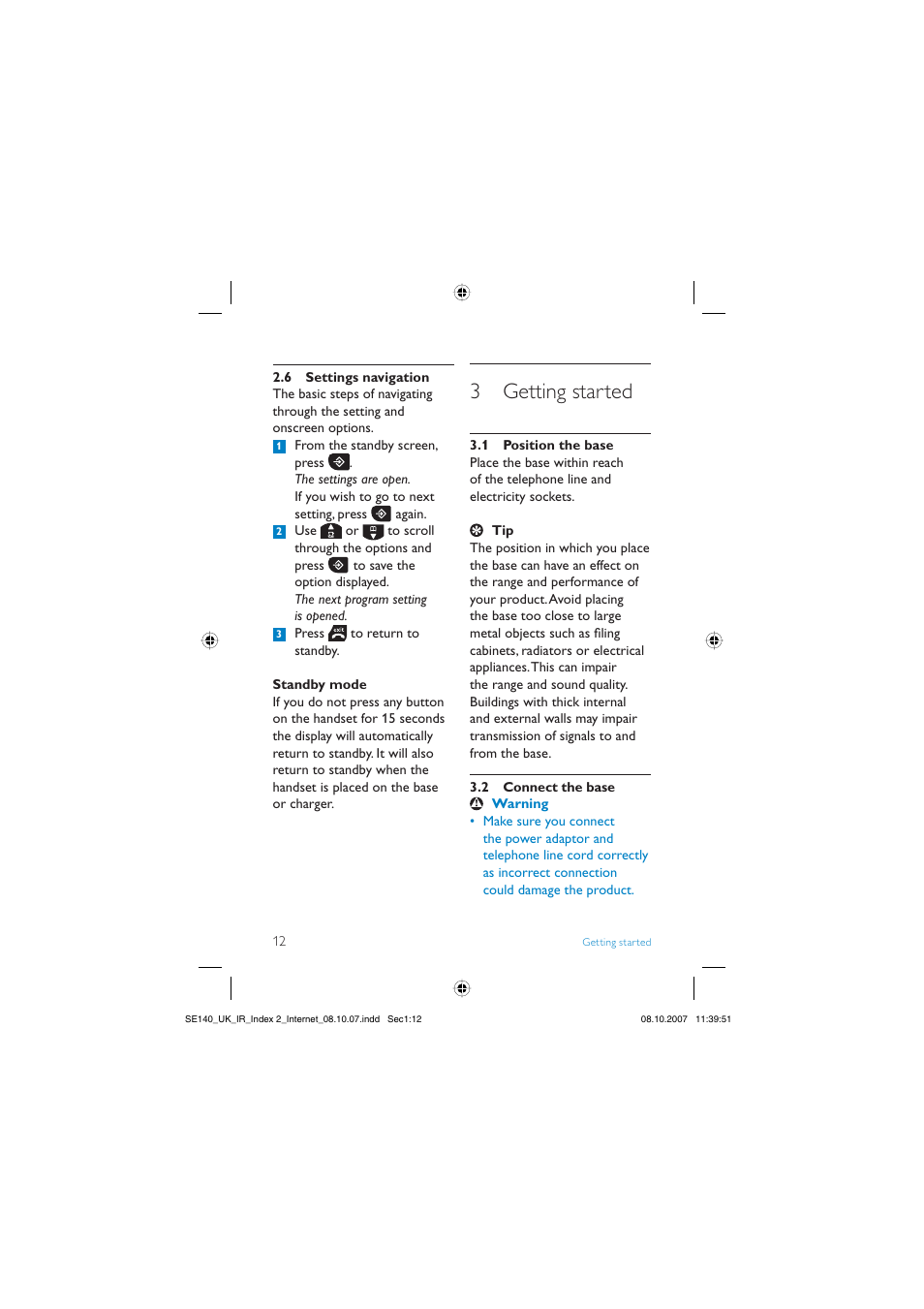 3 getting started | Philips SE140 User Manual | Page 14 / 40