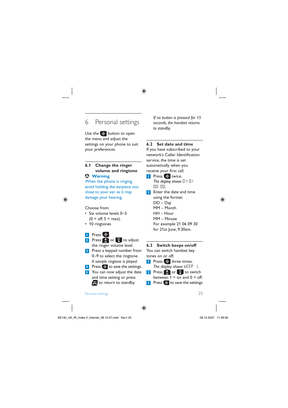 6 personal settings | Philips SE140 User Manual | Page 27 / 40