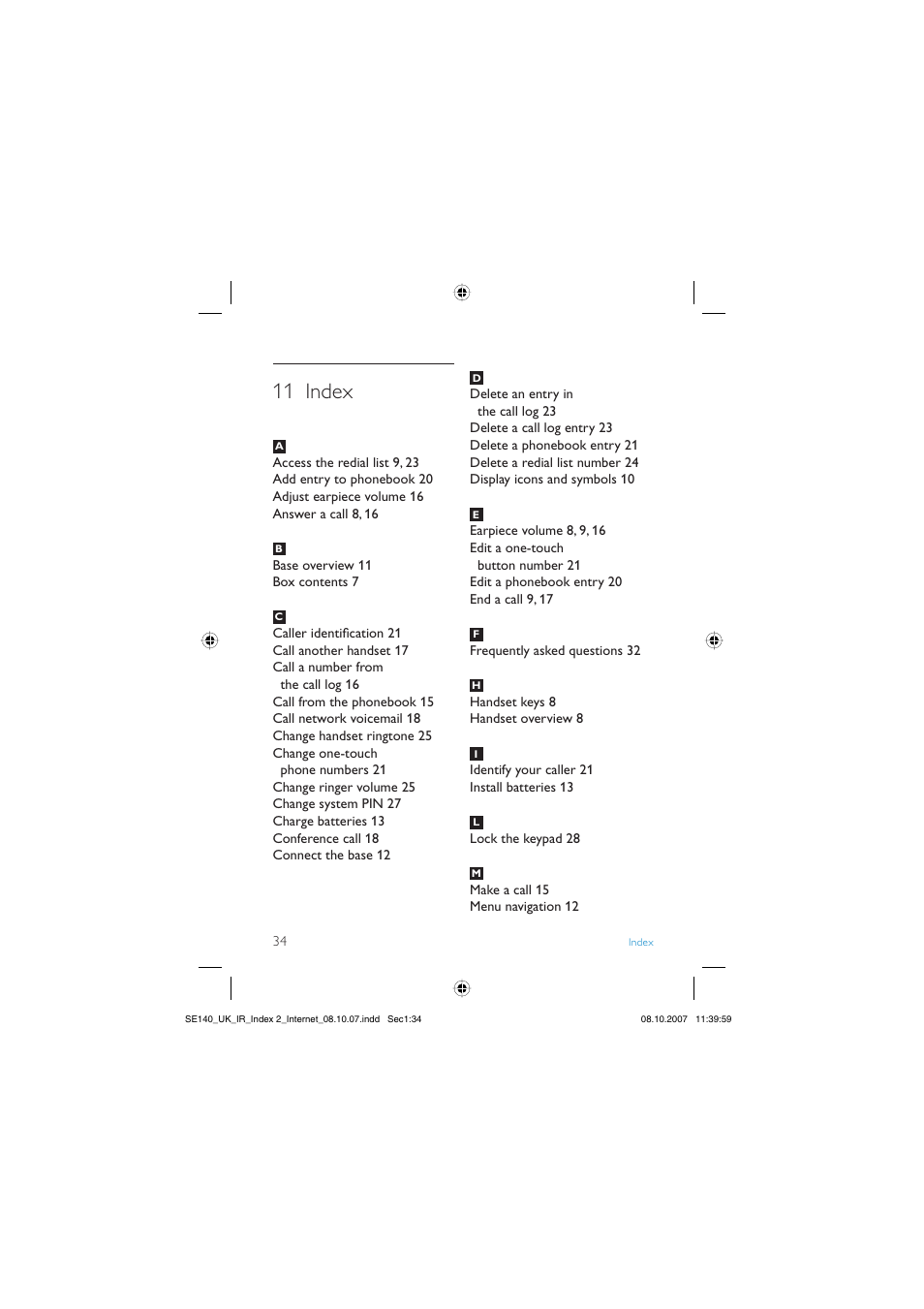 11 index | Philips SE140 User Manual | Page 36 / 40