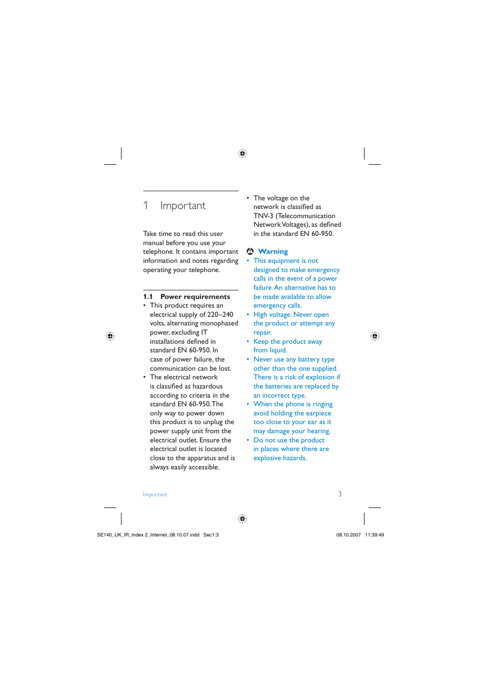 1 important | Philips SE140 User Manual | Page 5 / 40
