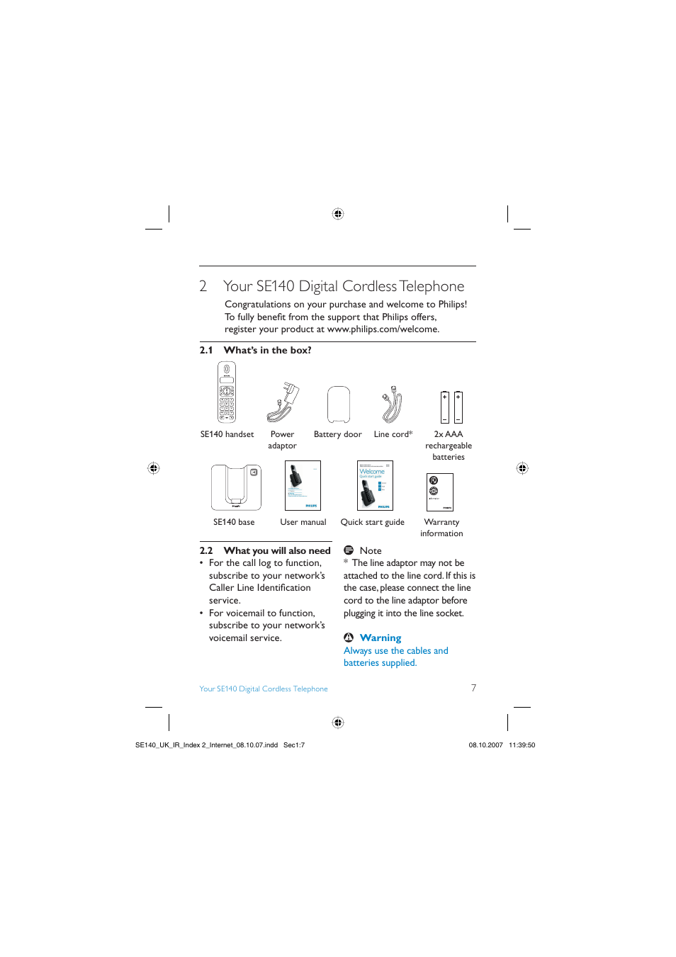 2 your se140 digital cordless telephone | Philips SE140 User Manual | Page 9 / 40